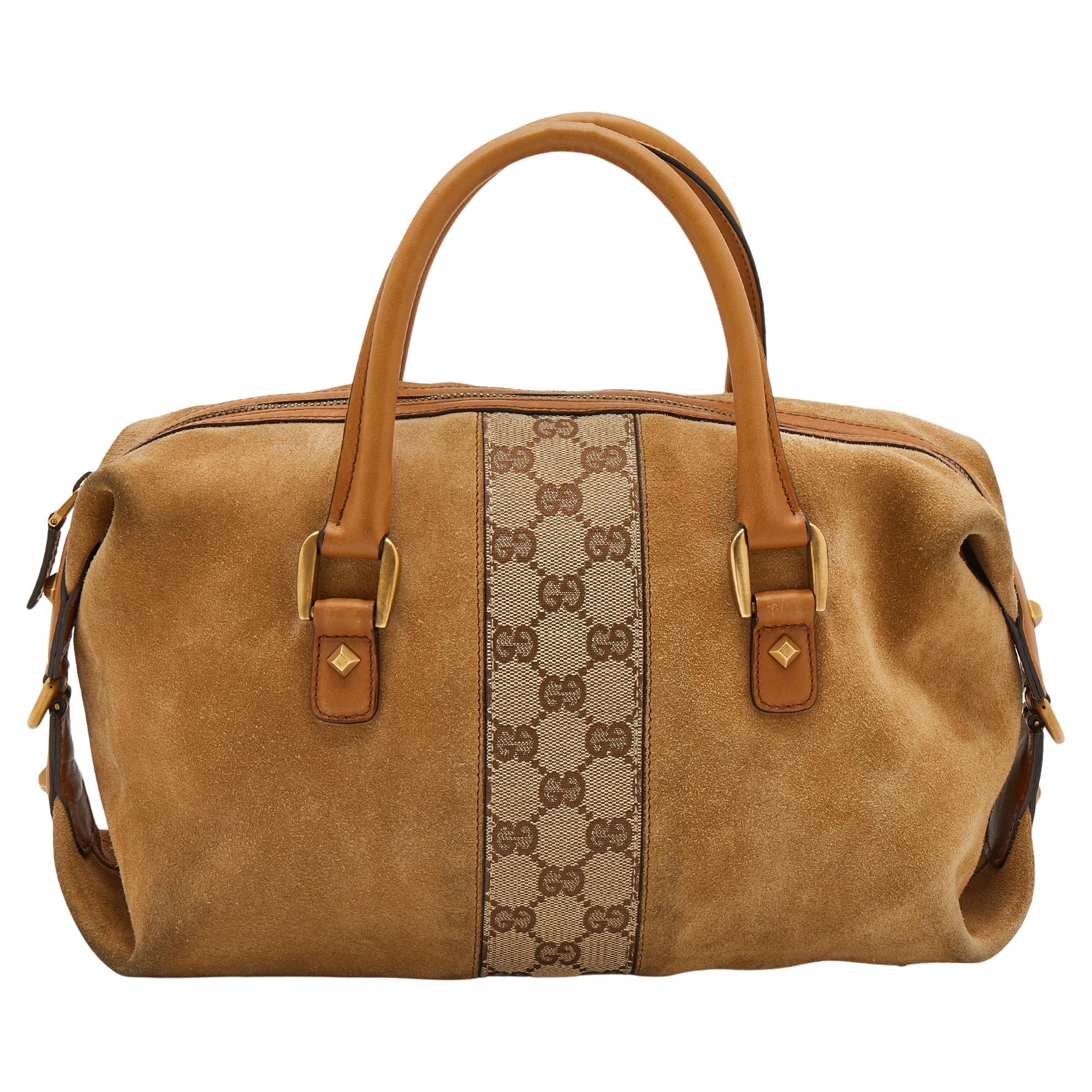 Gucci Beige/Tan GG Canvas And Suede Boston Bag