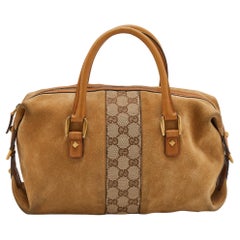 Gucci Bostoner GG Tasche aus Segeltuch und Wildleder in Beige/Braun