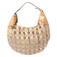 Gucci Beige/Braun Horsebit Samt, Stoff und Croc Glam Hobo