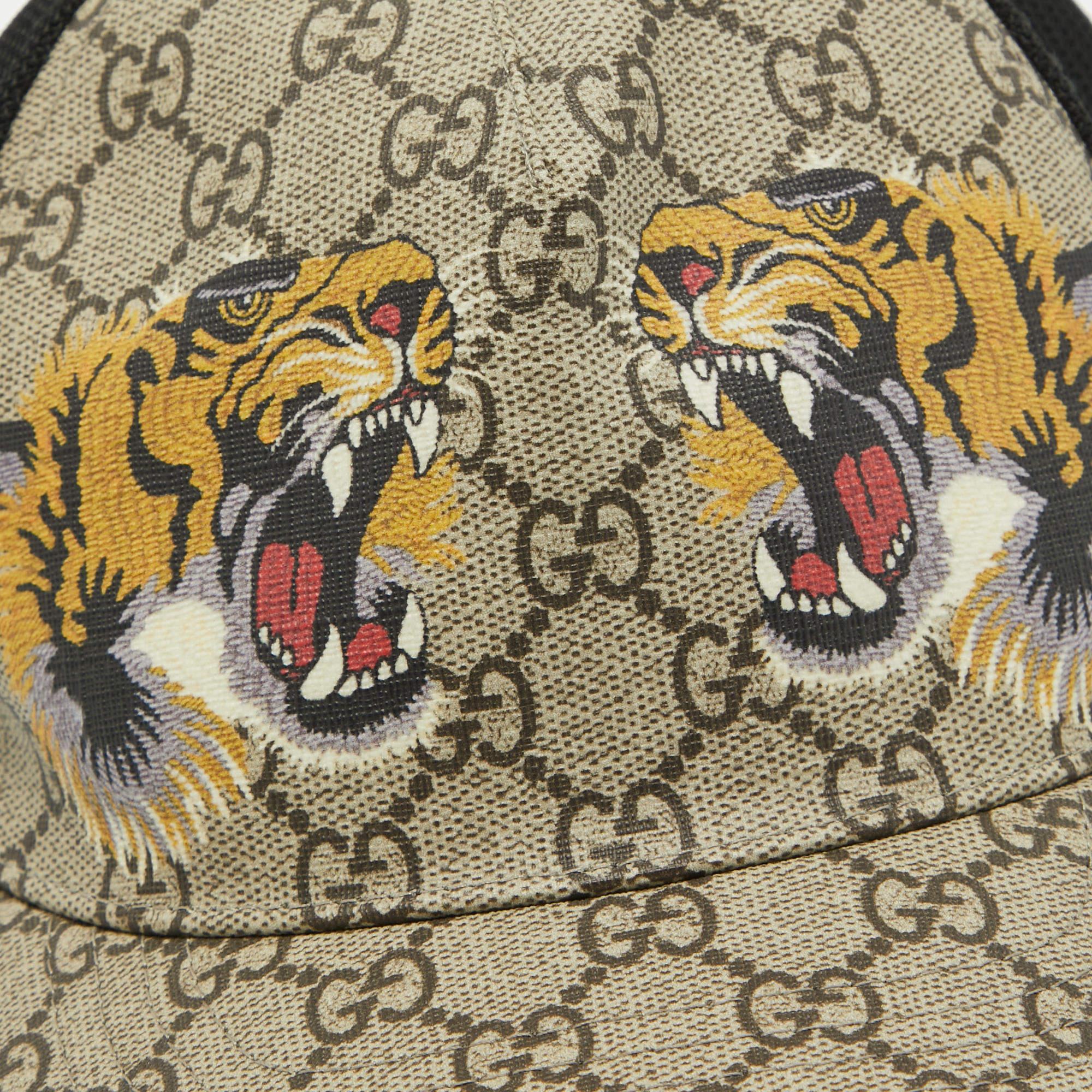  Gucci - Casquette de baseball GG Supreme en toile et maille beige imprimé tigre S Pour hommes 