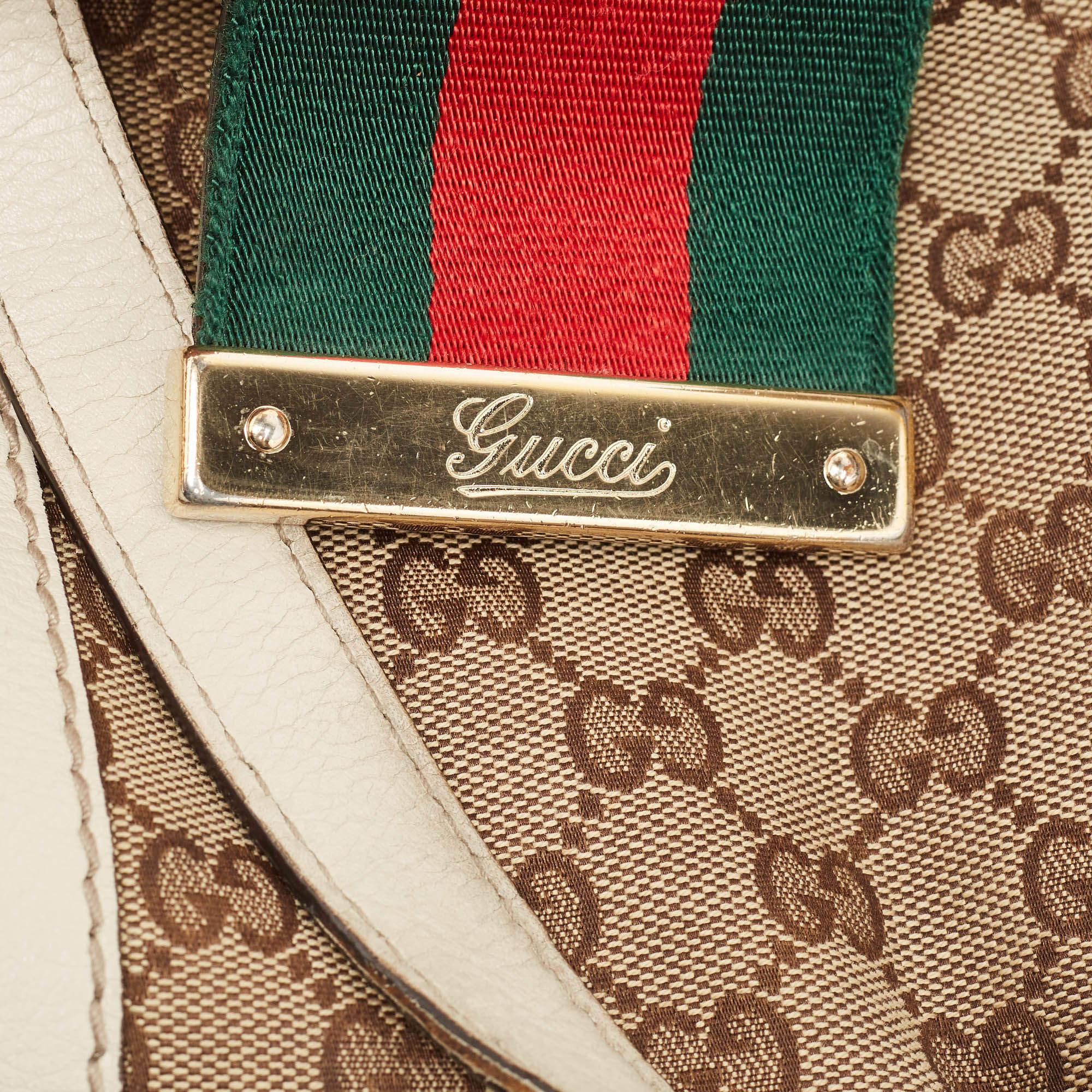 Gucci Beige/White GG Canvas and Leather Large New Ladies Web Hobo For Sale 7