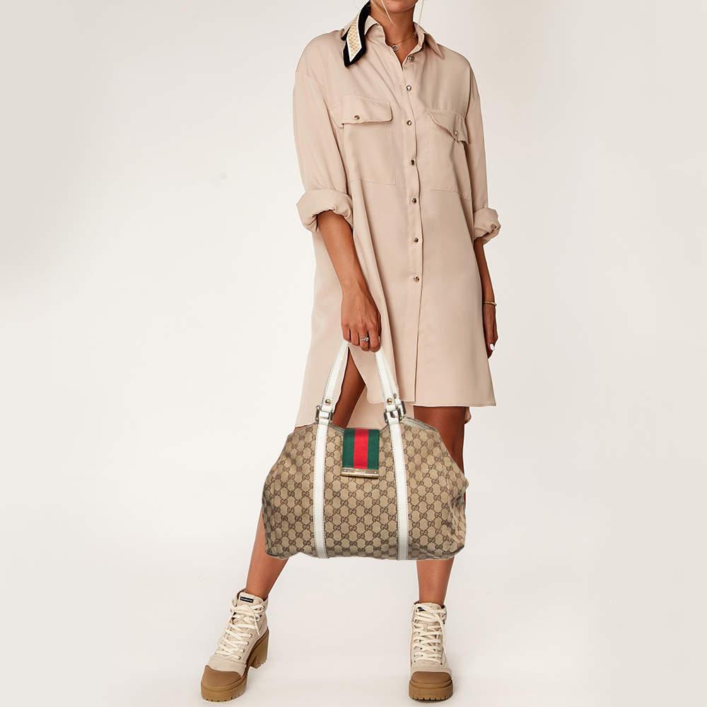 Gucci Beige/White GG Canvas and Leather Large New Ladies Web Hobo In Fair Condition For Sale In Dubai, Al Qouz 2