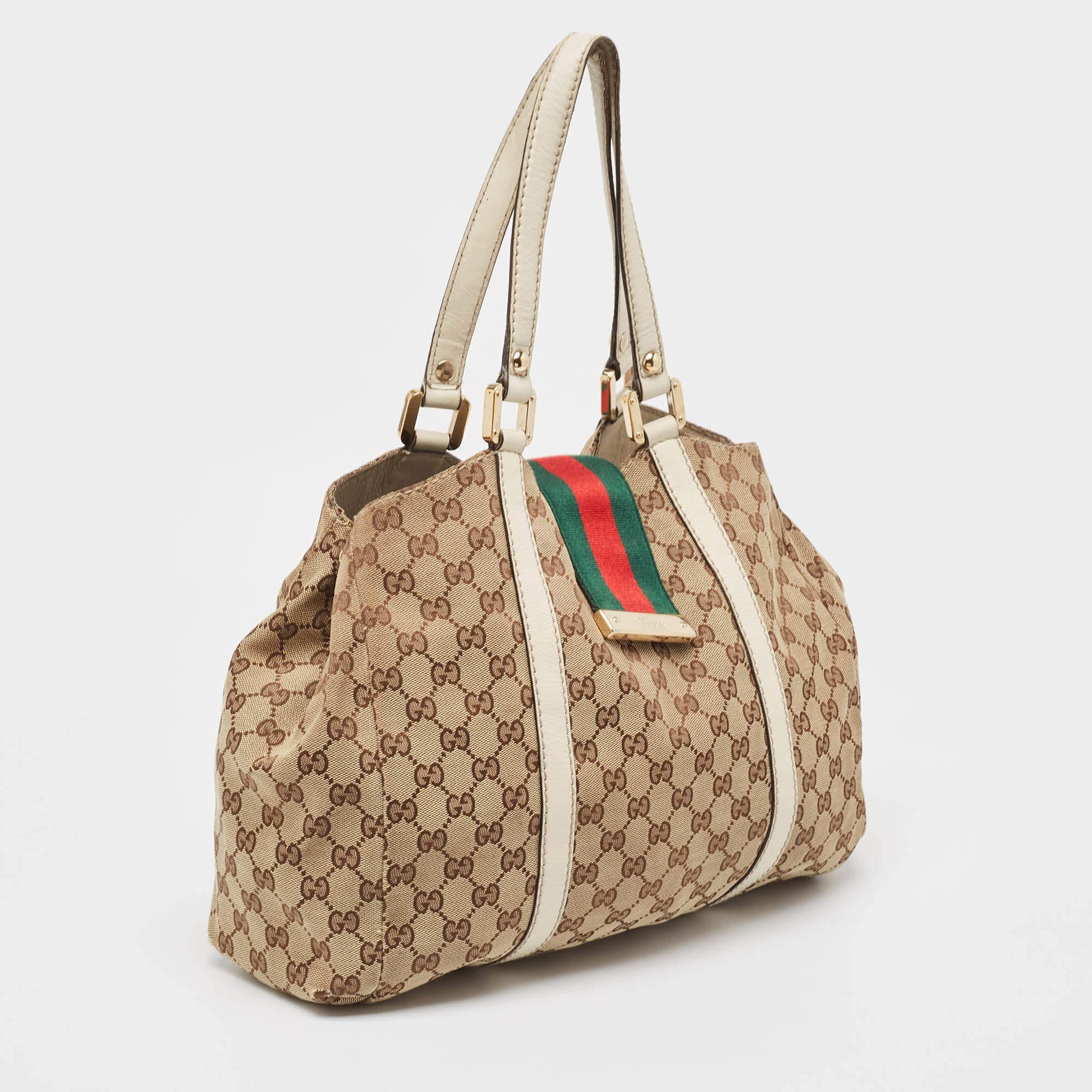 Women's Gucci Beige/White GG Canvas and Leather Large New Ladies Web Hobo For Sale