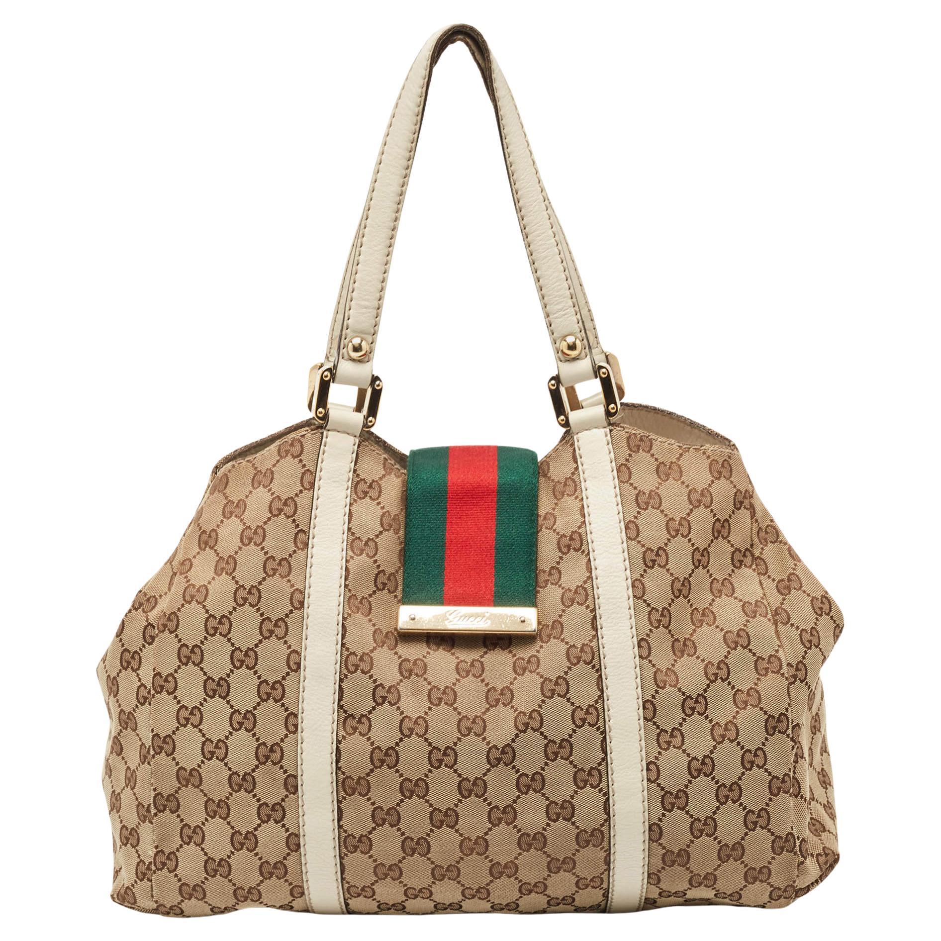 Gucci Beige/White GG Canvas and Leather Large New Ladies Web Hobo For Sale