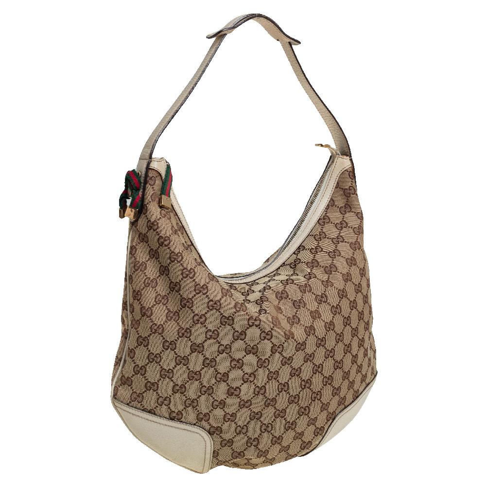 Brown Gucci Beige/White GG Canvas and Leather Large Princy Hobo