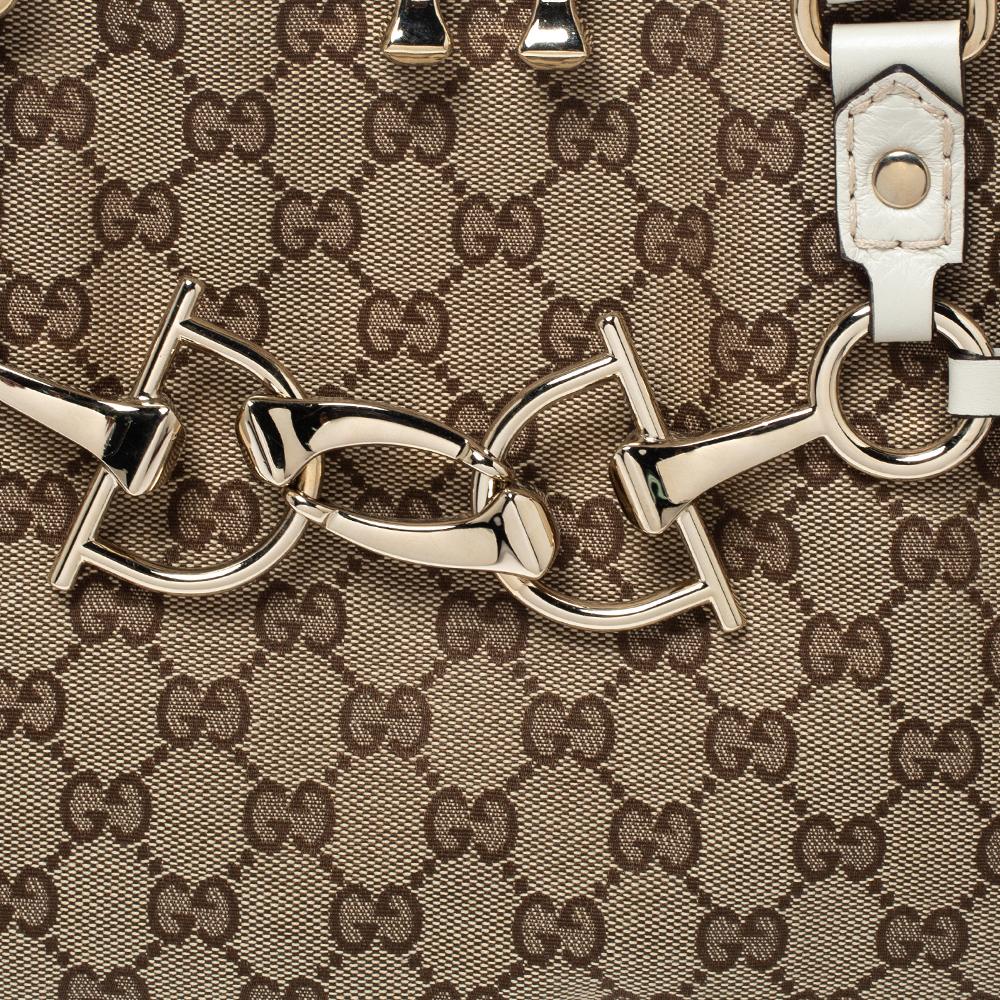 Gucci Beige/White GG Canvas and Leather Medium Horsebit Nail Dome Satchel 3