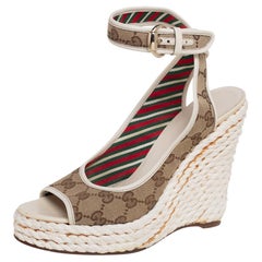 Gucci Beige/White GG Canvas Ankle Strap Wedge Sandals Size 38.5