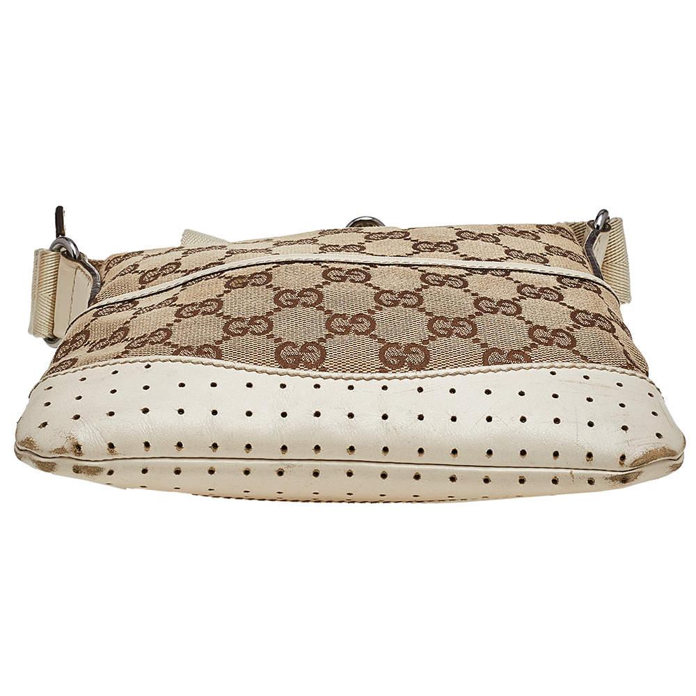 Gucci Beige/White GG Signature Canvas And Perforated Leather Messenger Bag 4