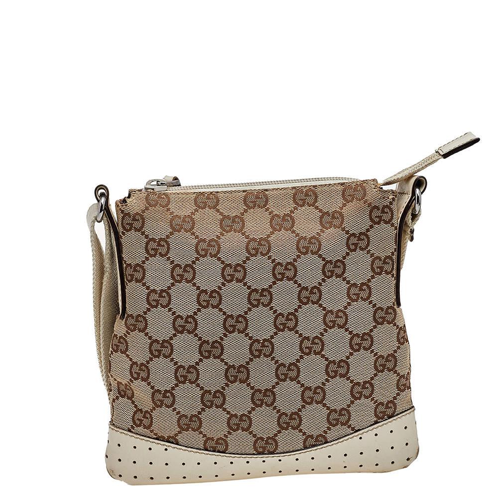 Gucci Beige/White GG Signature Canvas And Perforated Leather Messenger Bag 5