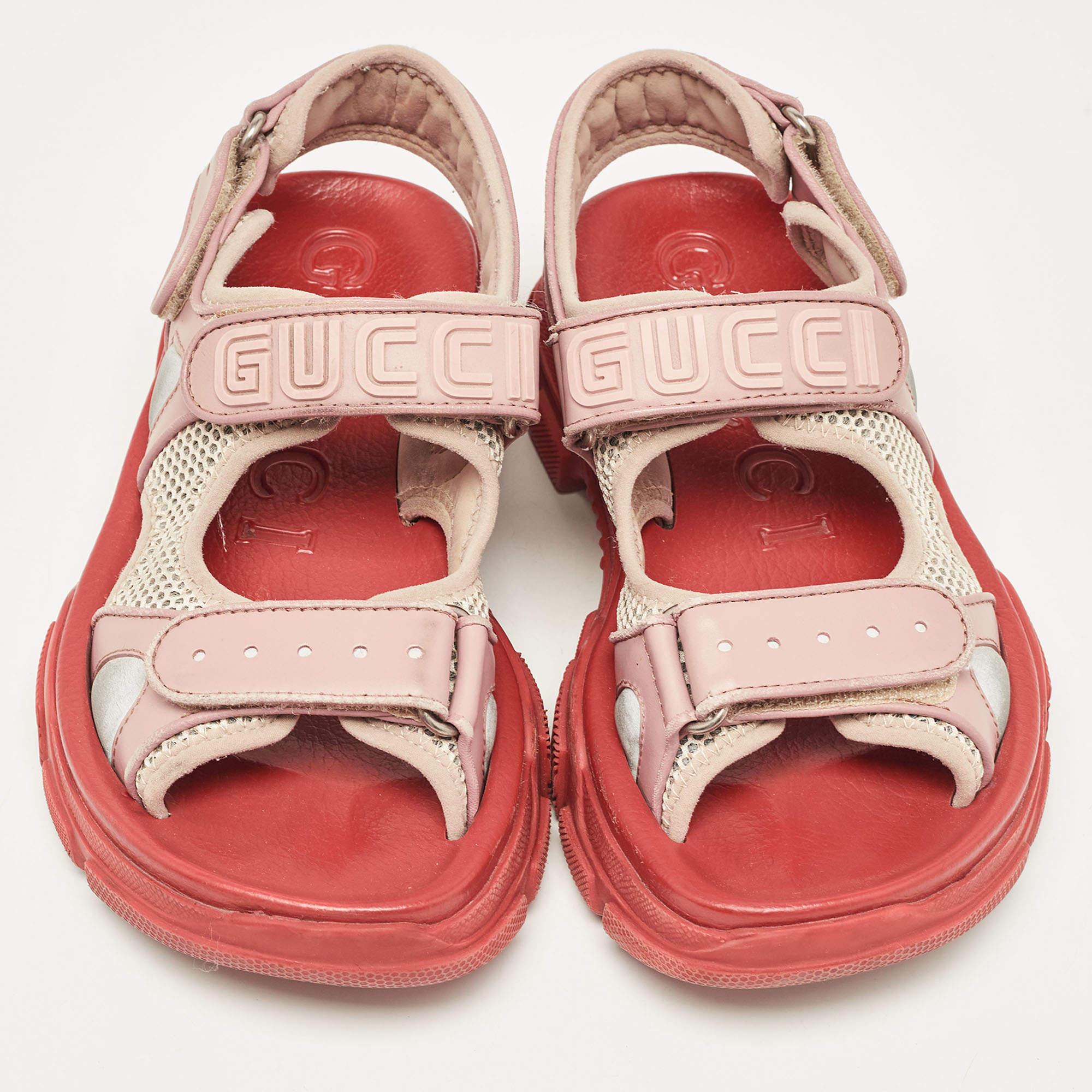 Gucci Beige/White Leather and Mesh Sega Velcro Slingback Sandals Size 36 In Good Condition In Dubai, Al Qouz 2