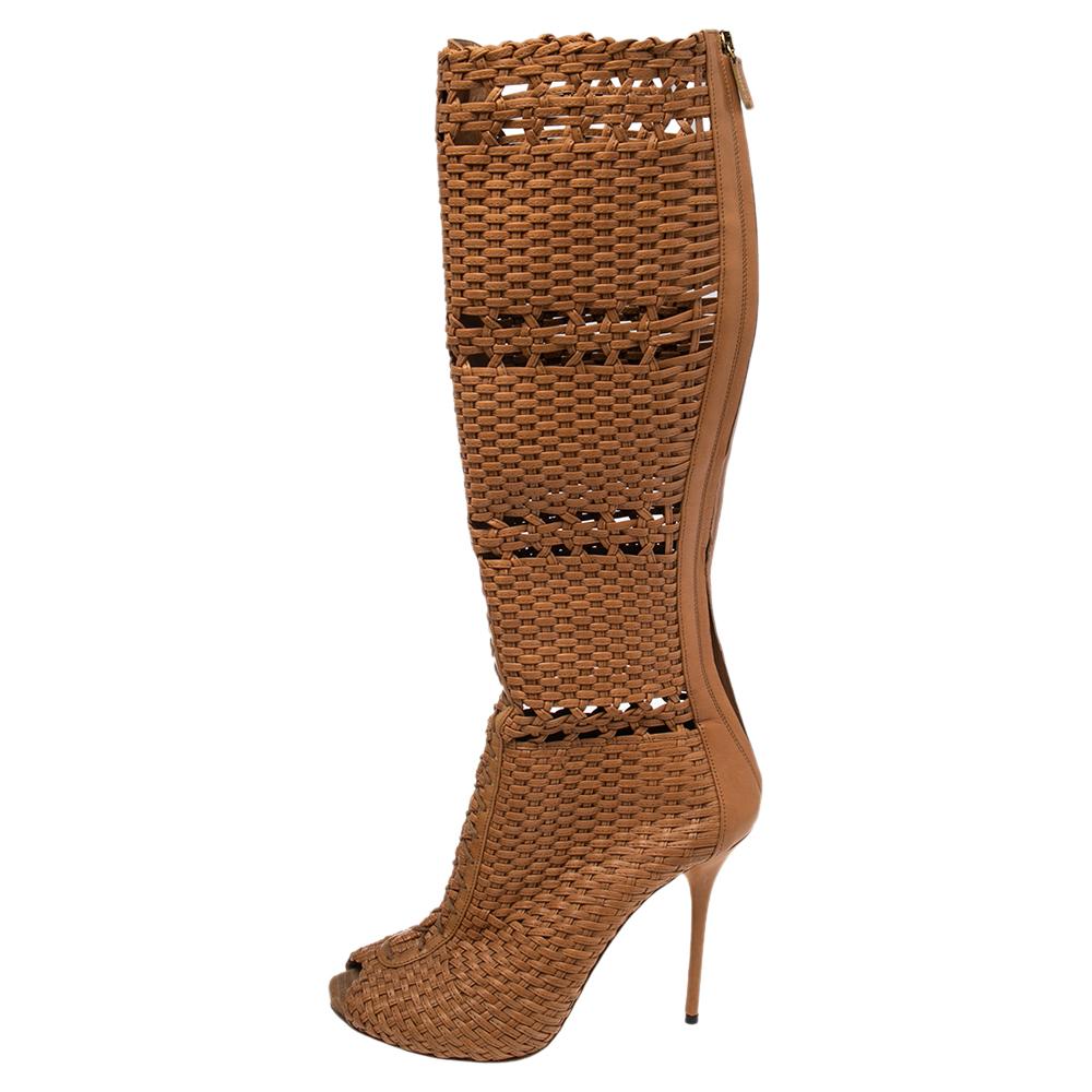 Women's Gucci Beige Woven Leather Peep Toe Knee Length Boots Size 40