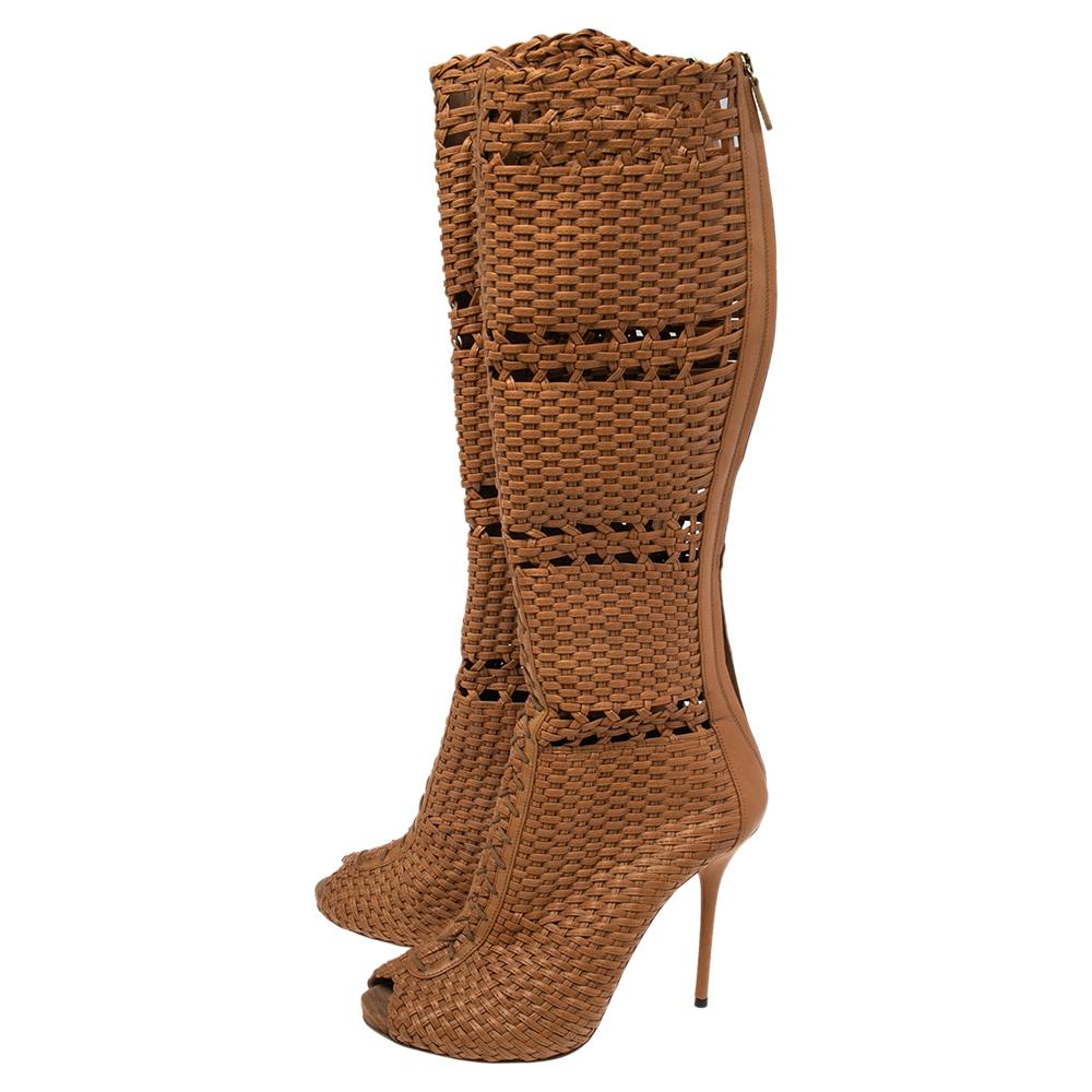 Gucci Beige Woven Leather Peep Toe Knee Length Boots Size 40 4