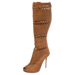 Gucci Beige Woven Leather Peep Toe Knee Length Boots Size 40