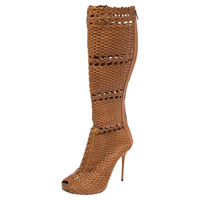 Gucci Beige Woven Leather Peep Toe Knee Length Boots Size 40 For Sale at  1stDibs