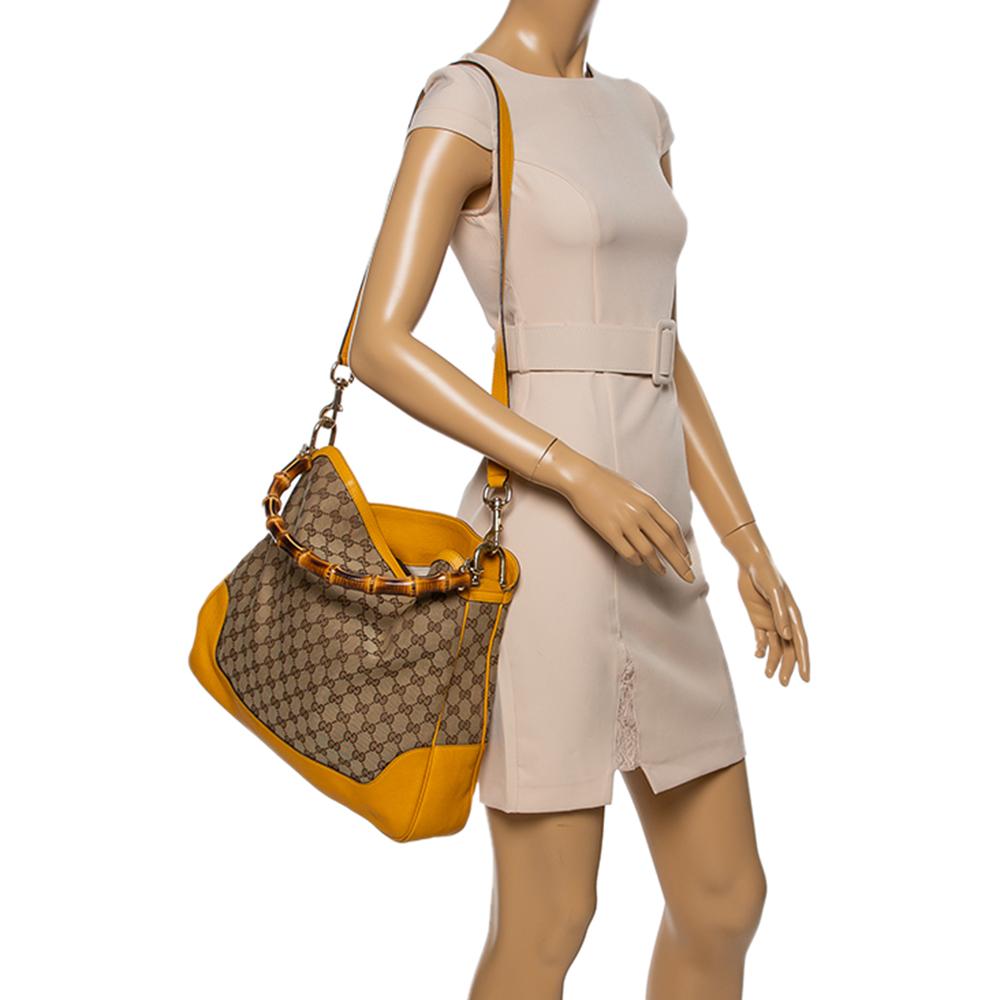 Brown Gucci Beige/Yellow GG Canvas and Leather Bamboo Diana Shoulder Bag