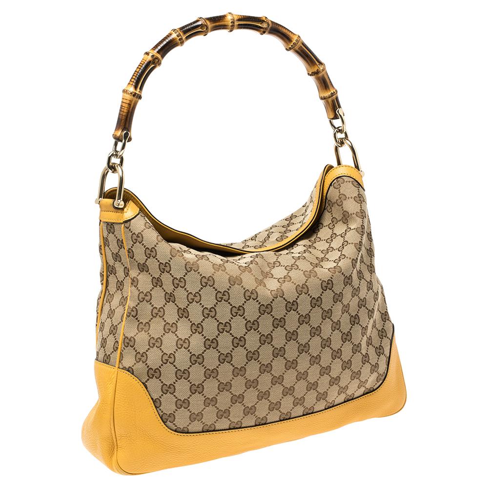 Gucci Beige/Yellow GG Canvas and Leather Bamboo Diana Shoulder Bag In Good Condition In Dubai, Al Qouz 2