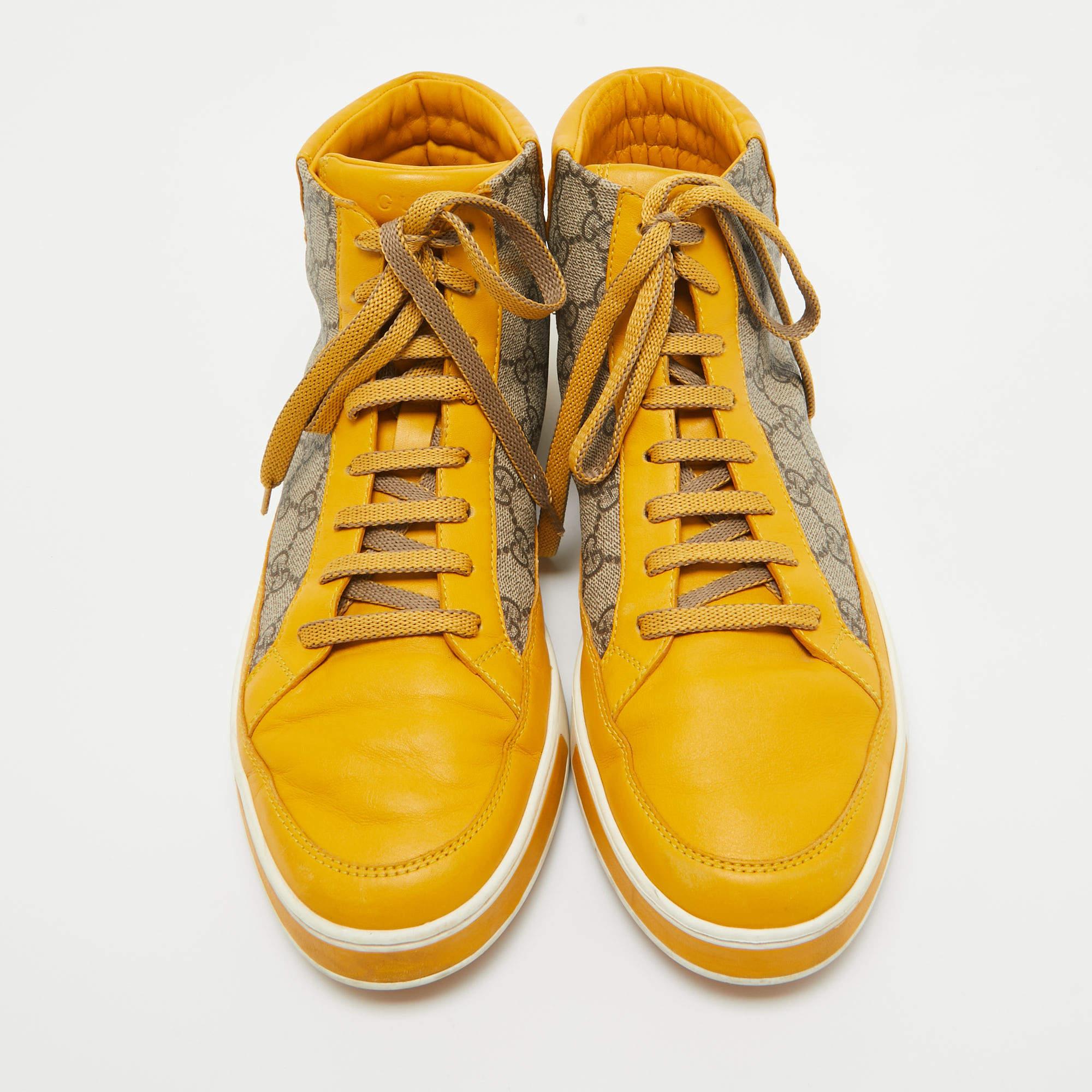 Gucci Beige/Amarillo GG Supreme Zapatillas altas de lona y piel talla 44 Naranja