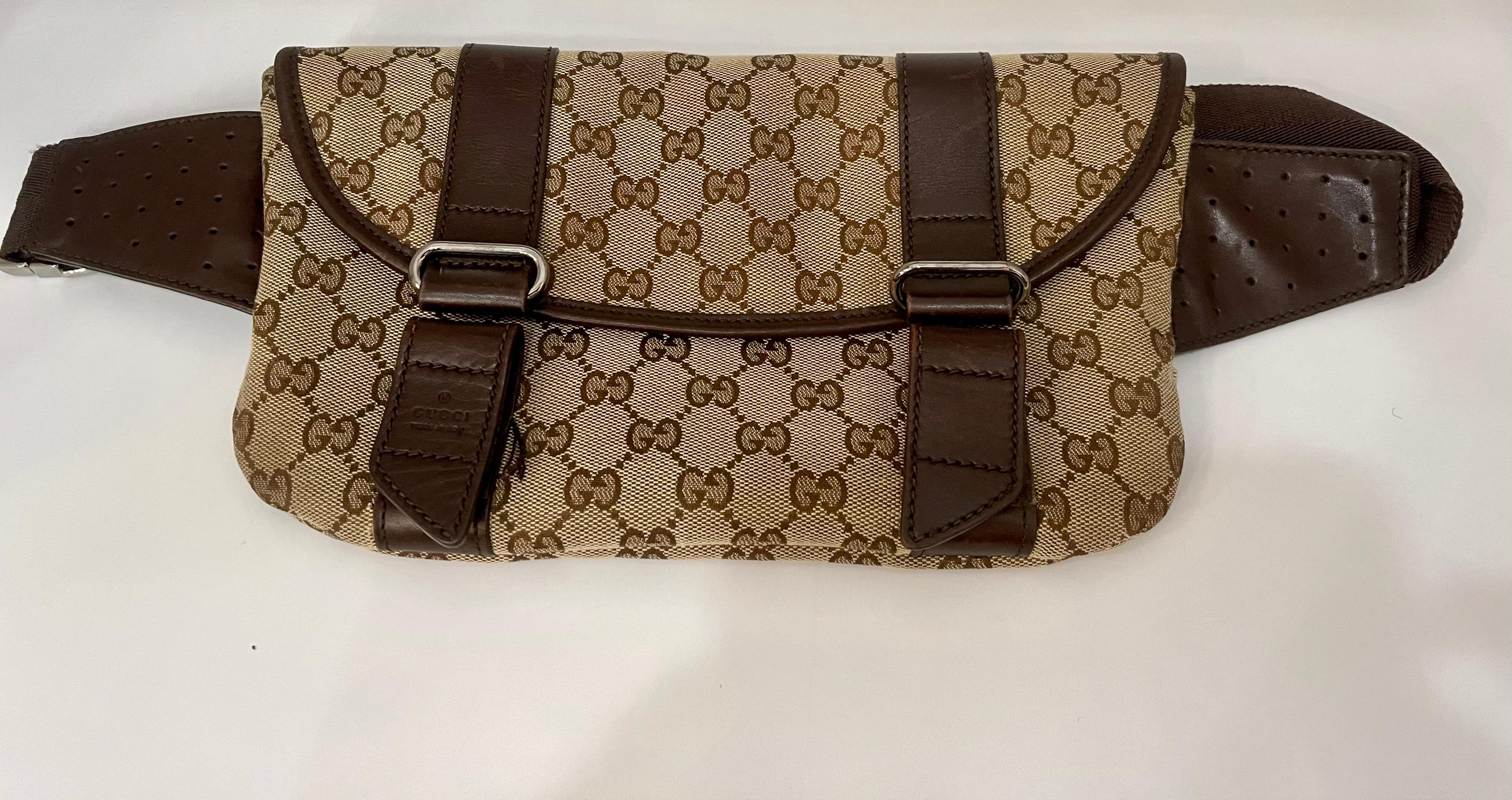 Gucci Belt Monogram Web Double Pocket Brown GG Supreme Canvas Cross Body Bag For Sale 3