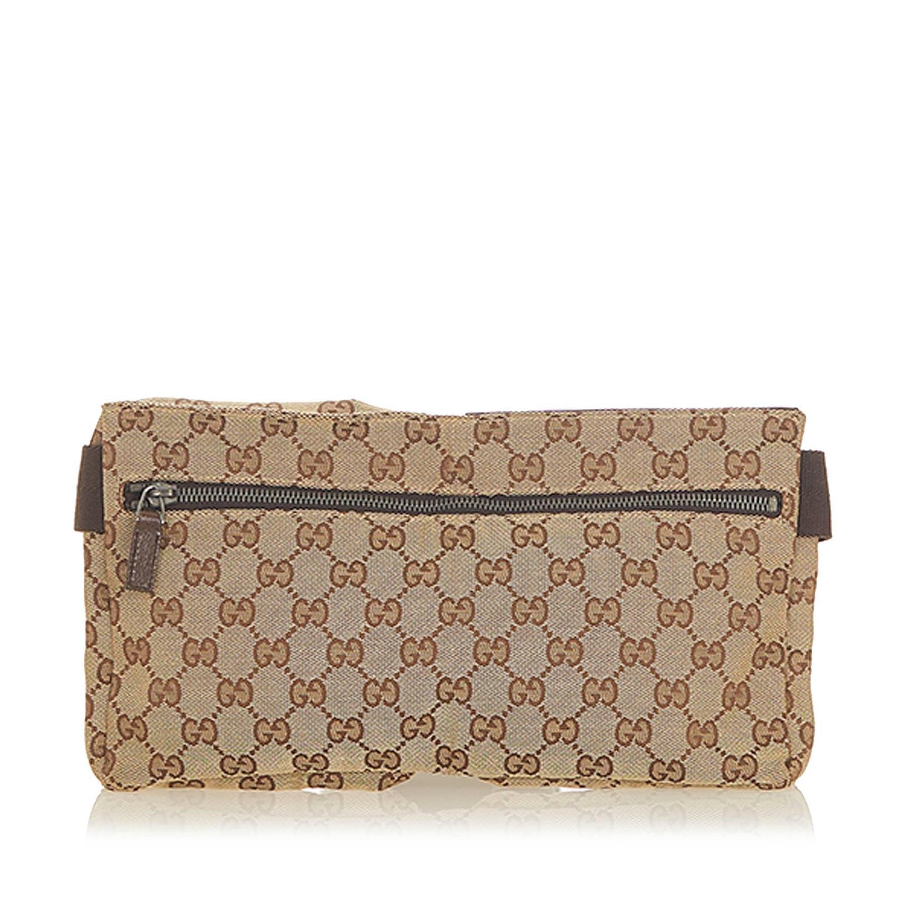 Gucci Belt Monogram Web Double Pocket Brown GG Supreme Canvas Cross Body Bag In Excellent Condition In New York, NY