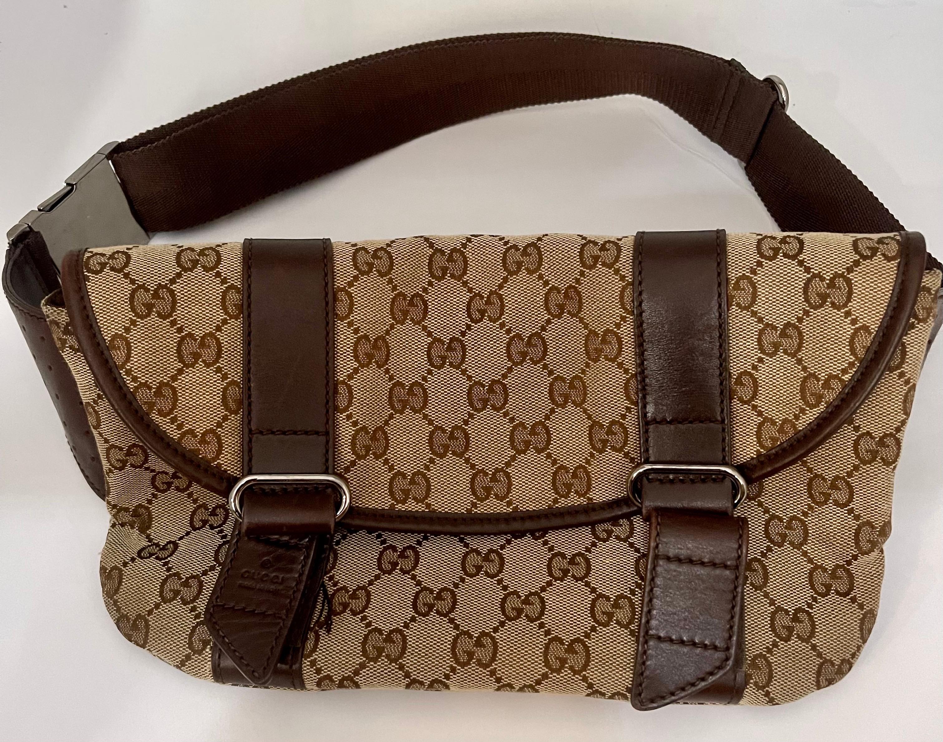 Gucci Belt Monogram Web Double Pocket Brown GG Supreme Canvas Cross Body Bag For Sale 2