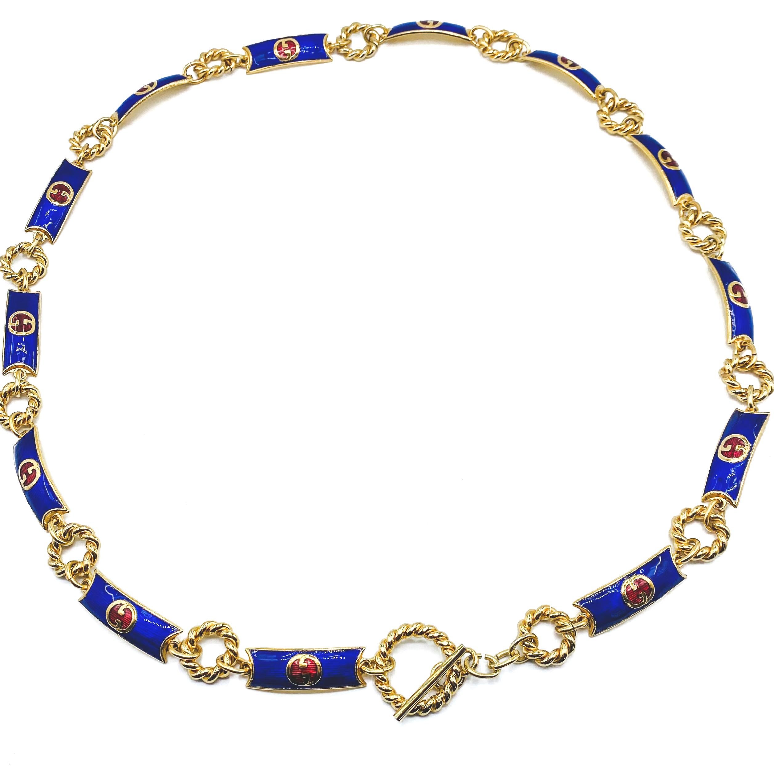 Gucci Vintage 1970s Belt

Incredible enamel belt from the 1970s Gucci archive

Detail
-Made in Italy in the 1970s
-Crafted from gold plated metal 
-Each link features the double G Gucci logo inlaid into a vivid blue and red enamel
-Can also be worn