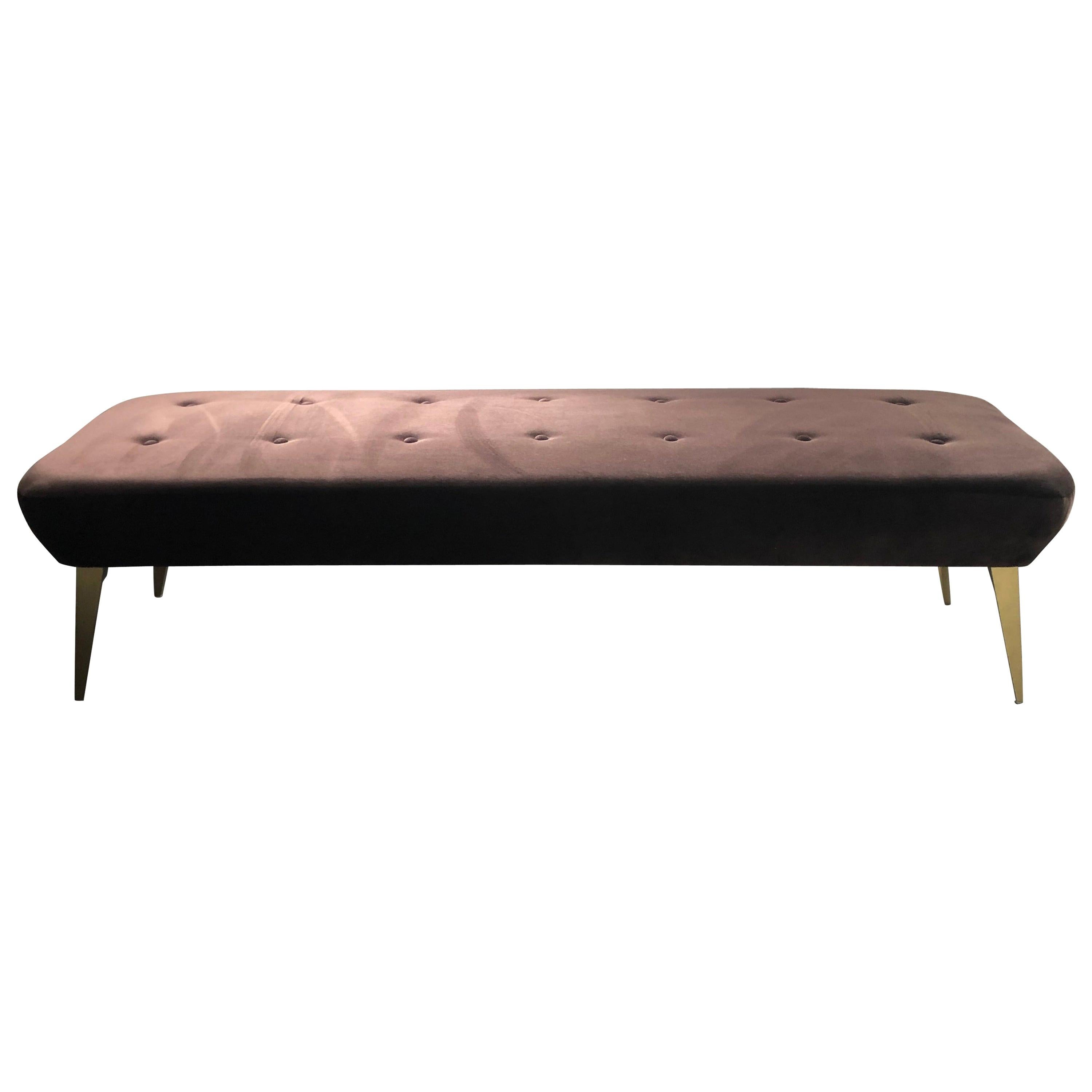 Bench in a Rich Brown, Buttoned Velvet Adorned with Gold Lacquered Feet