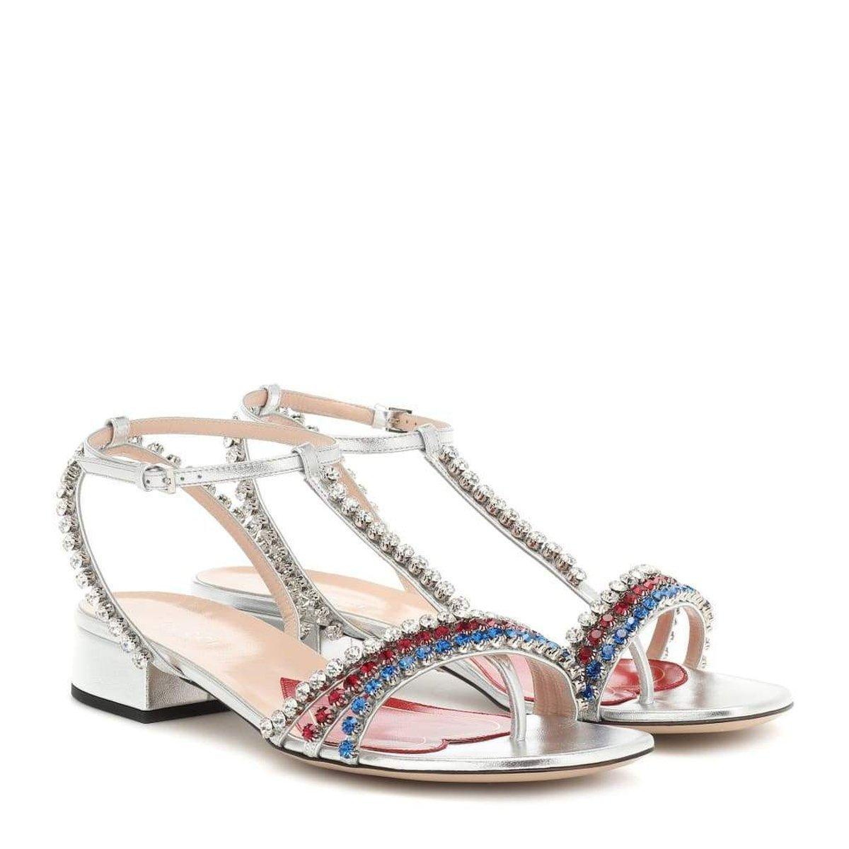 Women's Gucci Bertie Embellished Metallic Leather Sandals IT 37 For Sale