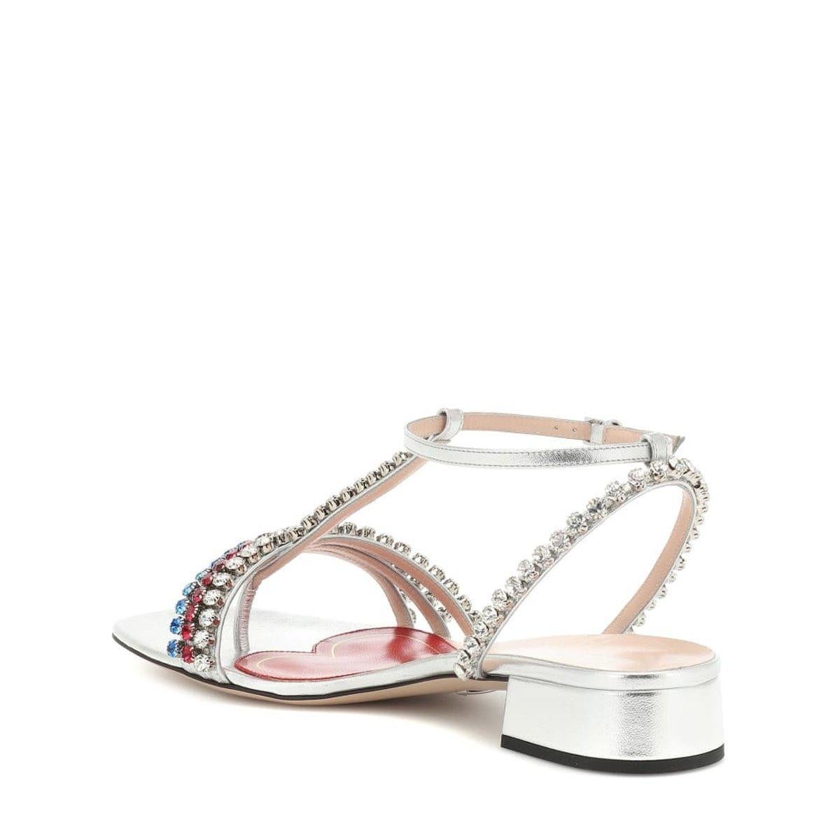 Gucci Bertie Embellished Metallic Leather Sandals IT 37 For Sale 1