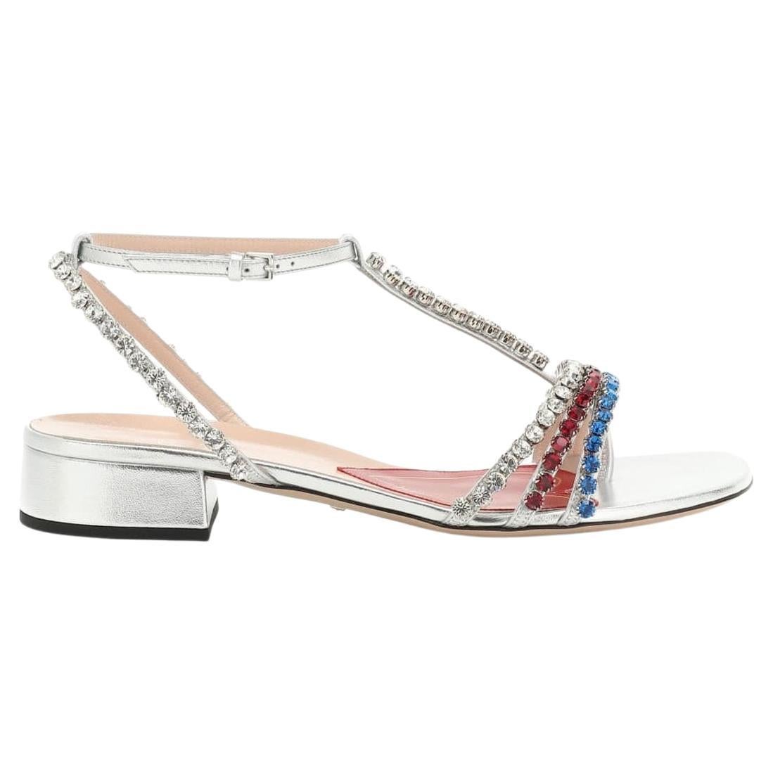 Gucci Bertie Embellished Metallic Leather Sandals IT 37 For Sale