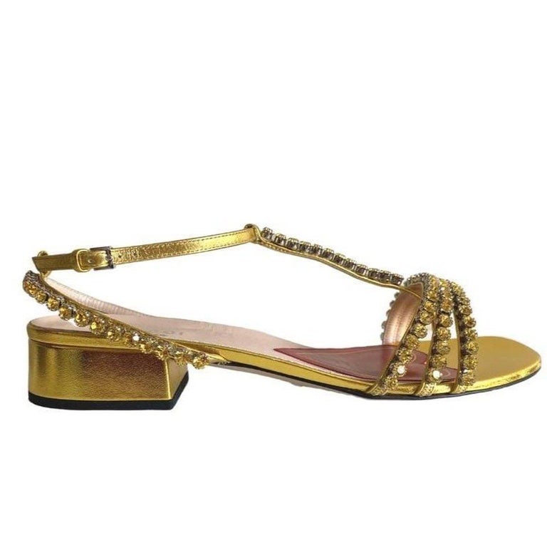 Brown Gucci Bertie Embellished Metallic Leather Sandals IT 39 For Sale