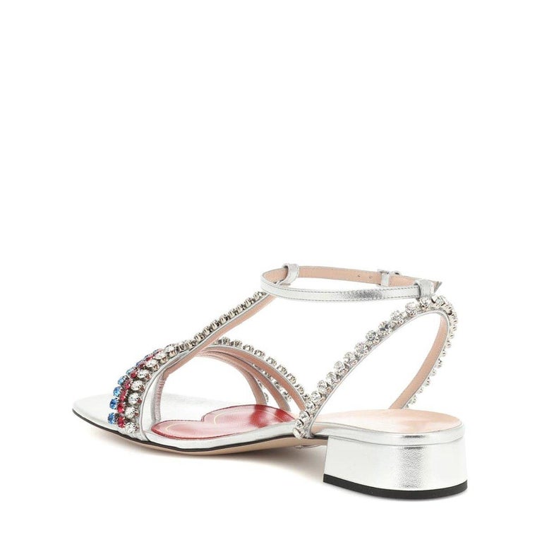 Gucci Bertie Embellished Metallic Leather Sandals IT 39 For Sale 2