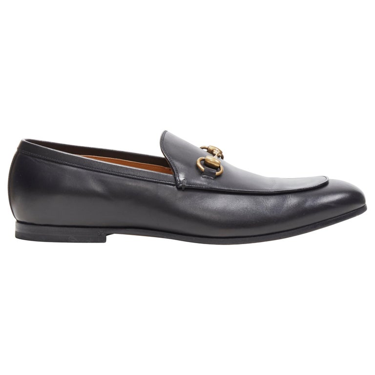 GUCCI Betis Glamour black leather gold horsebit buckle flat loafer UK8 EU42  at 1stDibs