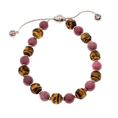 Gucci Bi-color Stone Wood Silver Adjustable Bead Bracelet