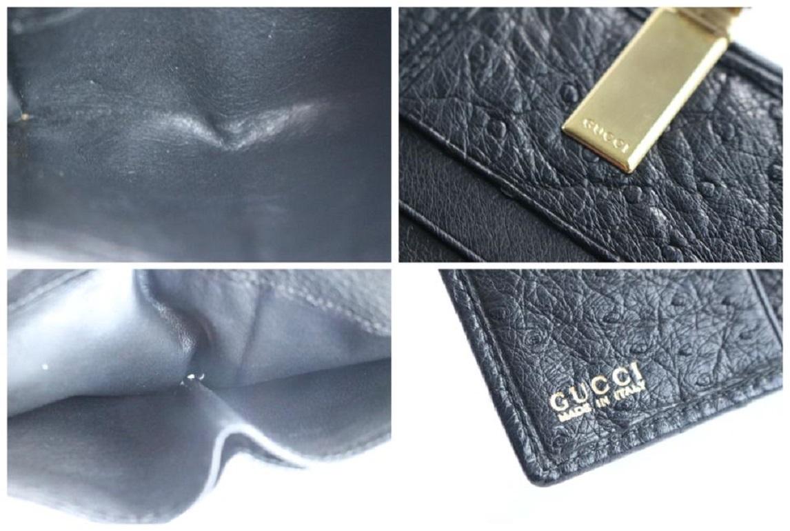 Gucci Bifold Square Wallet 227995 Black Ostrich Leather Clutch In Good Condition In Dix hills, NY
