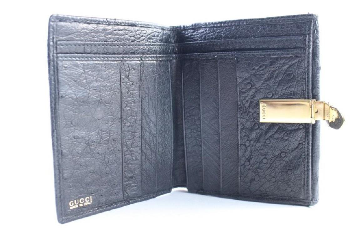 Women's Gucci Bifold Square Wallet 227995 Black Ostrich Leather Clutch