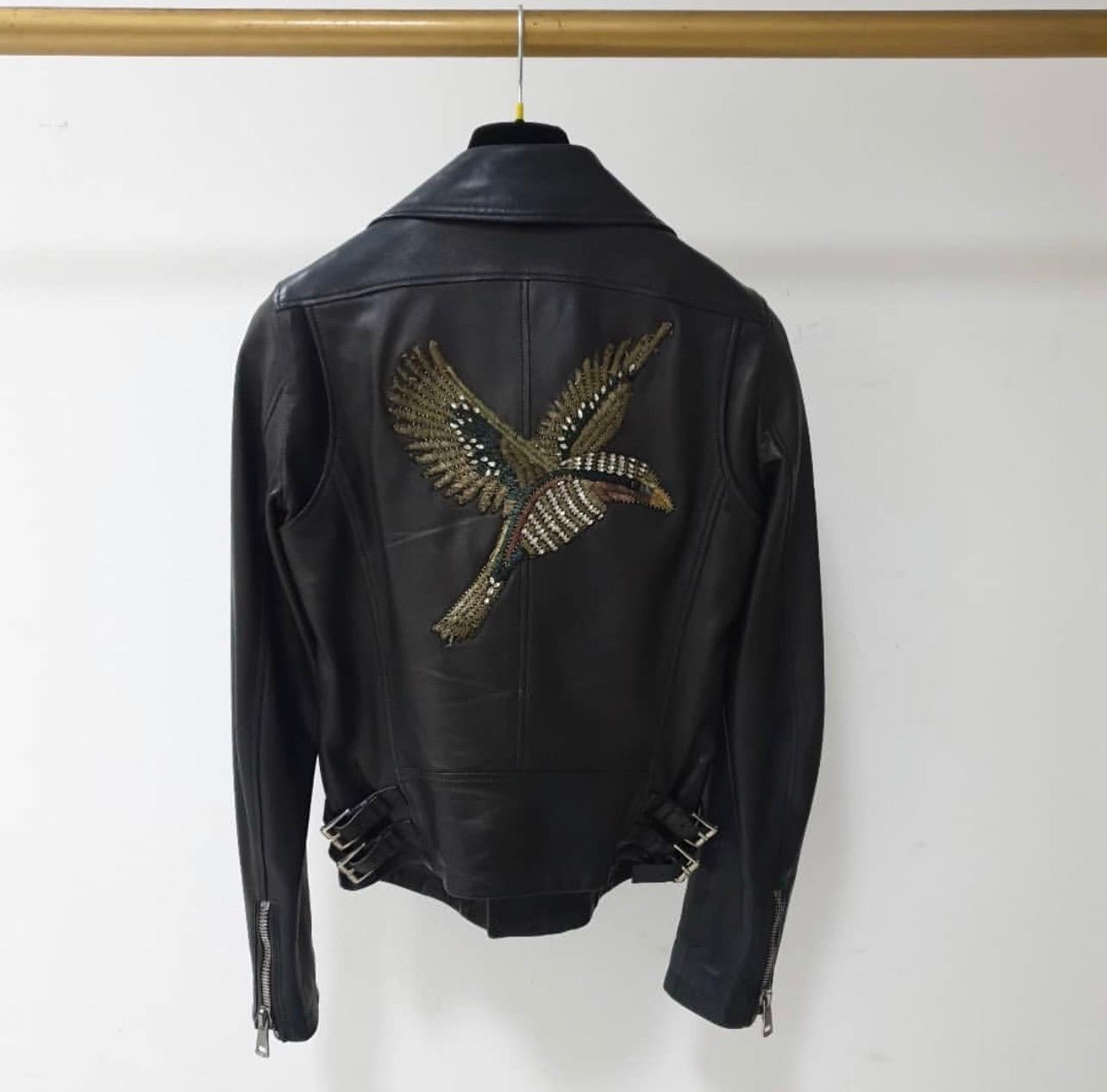 Black Gucci Bird Embellished-Back Leather Biker Jacket IT 38