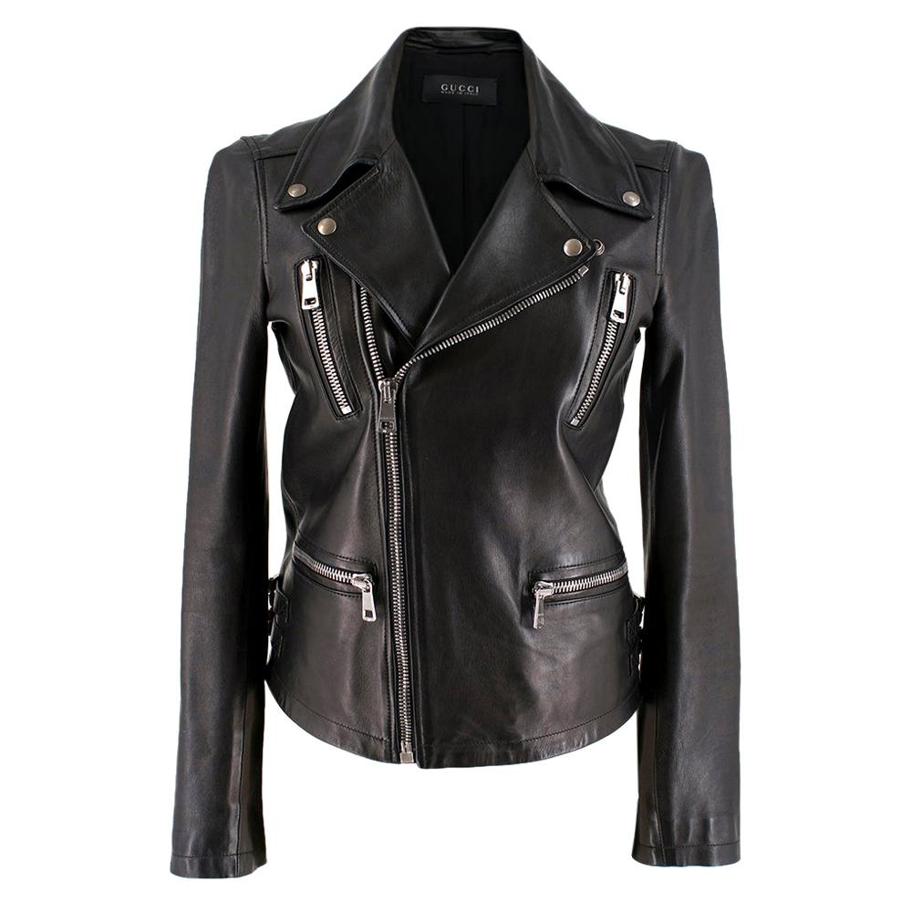 Gucci Bird Embellished-Back Leather Biker Jacket IT 38 at 1stDibs