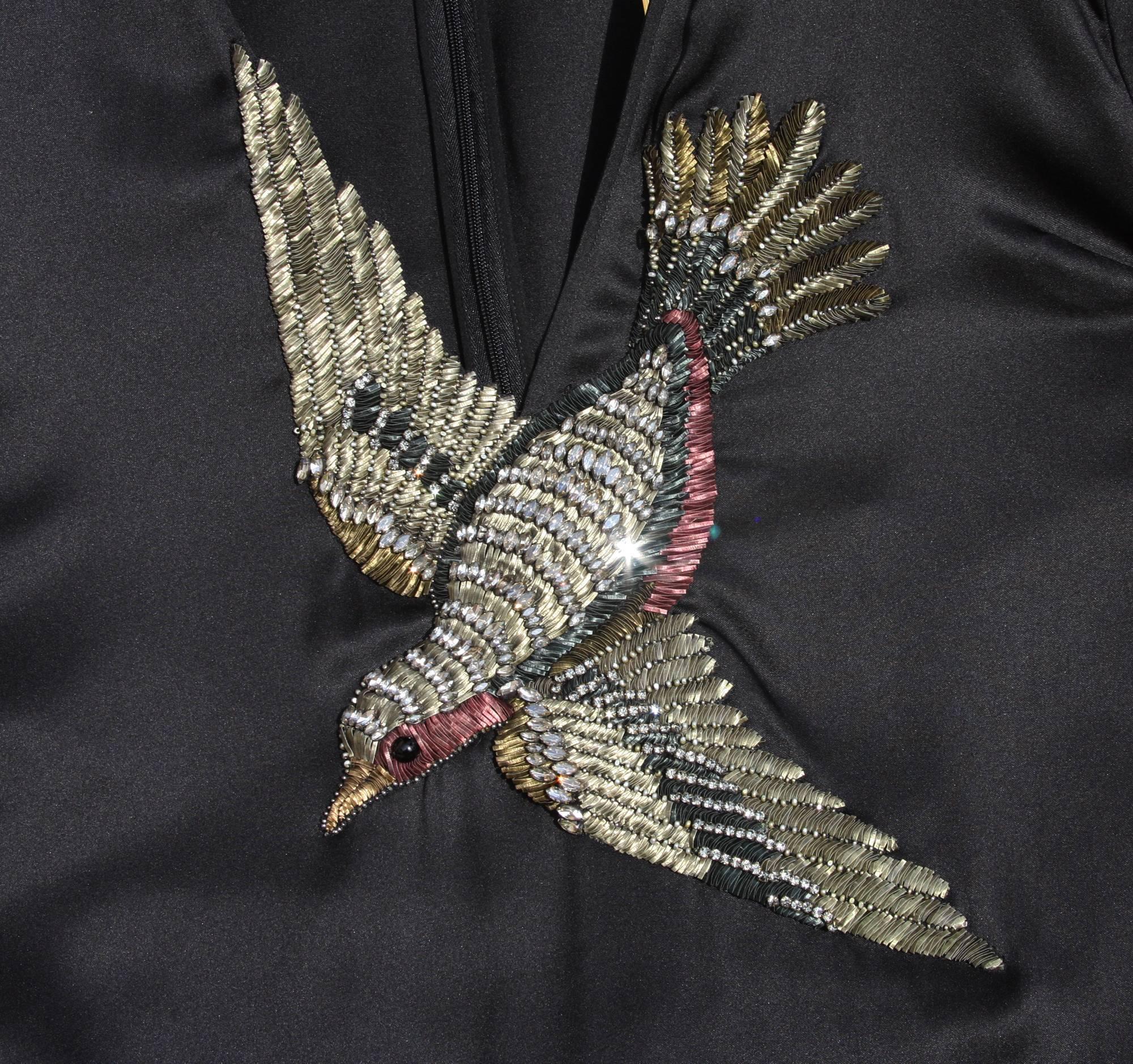 New Gucci Bird Embellished Crystals Black Silk Satin Dress Gown It.40 3