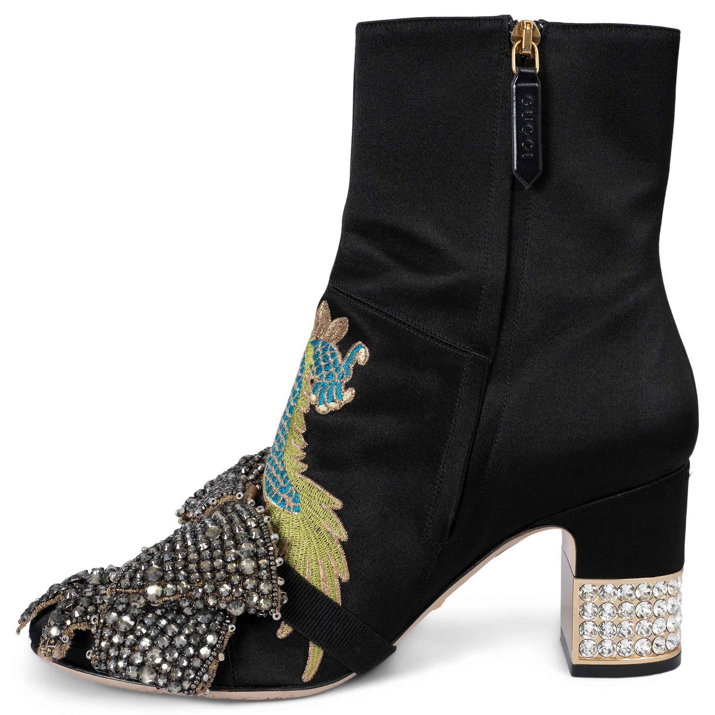 Black GUCCI black 2017 CANDY EMBROIDERED DRAGON SATIN Ankle Boots Shoes 37