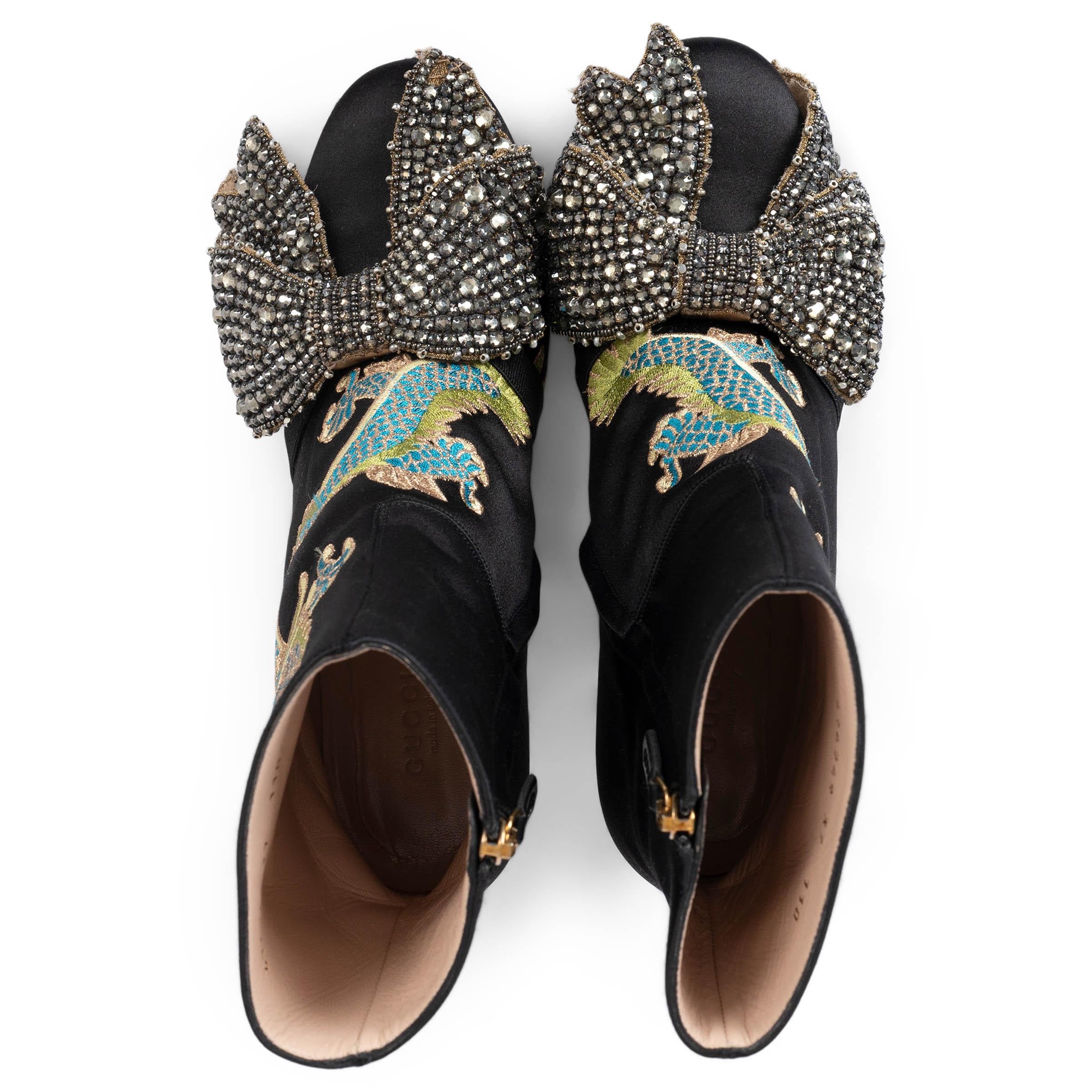 Women's GUCCI black 2017 CANDY EMBROIDERED DRAGON SATIN Ankle Boots Shoes 37
