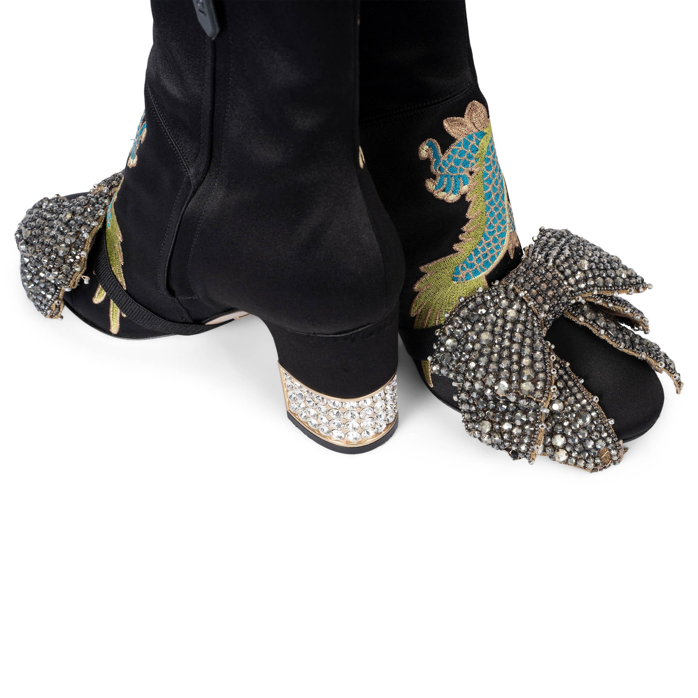 GUCCI black 2017 CANDY EMBROIDERED DRAGON SATIN Ankle Boots Shoes 37 1