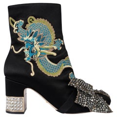 GUCCI black 2017 CANDY EMBROIDERED DRAGON SATIN Ankle Boots Shoes 37