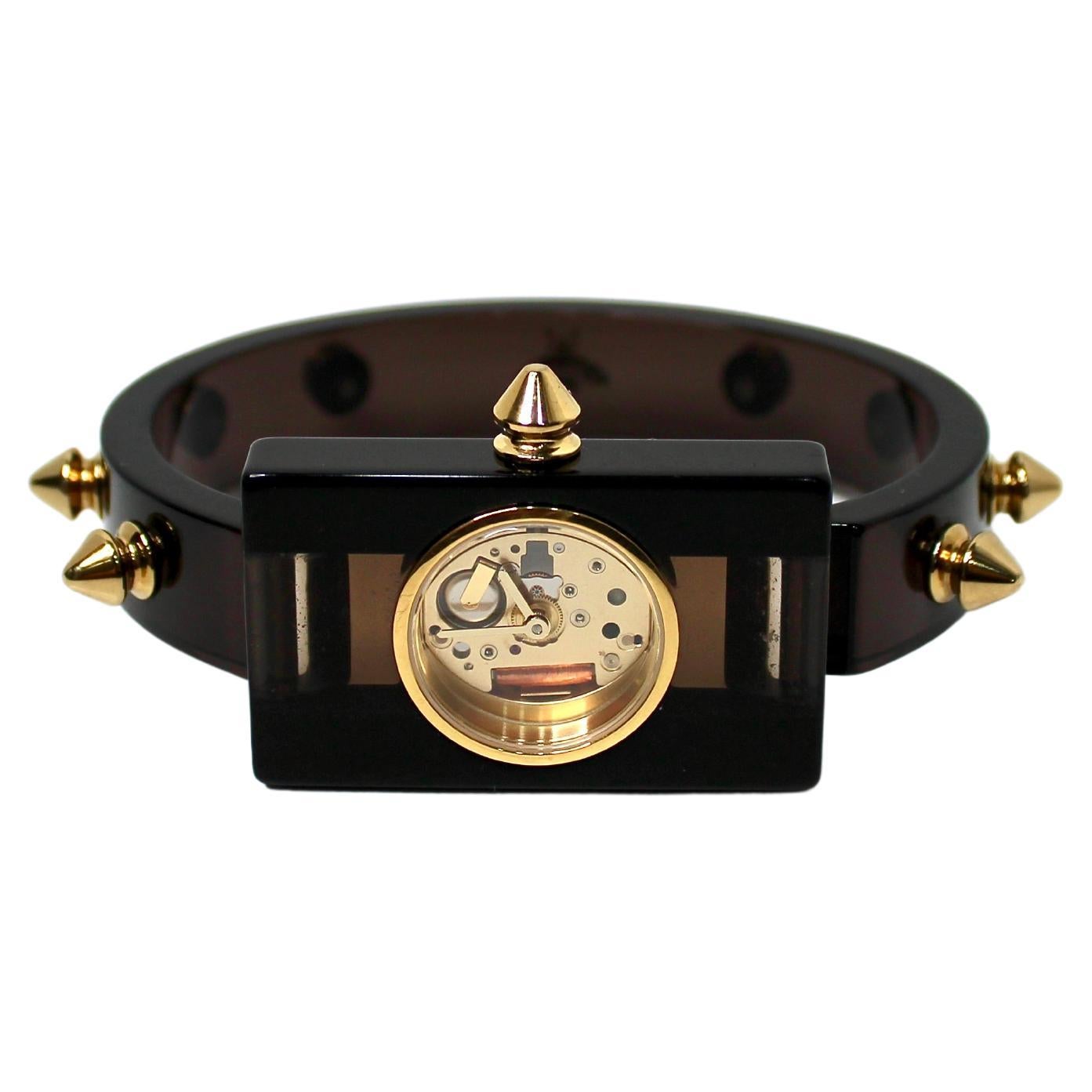 Gucci Black 24mm Plexiglass 
Stainless Steel Skeleton Stud Quartz Watch For Sale