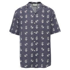 Gucci Black Anchor Print Linen Blend Oversized Bowling Shirt M