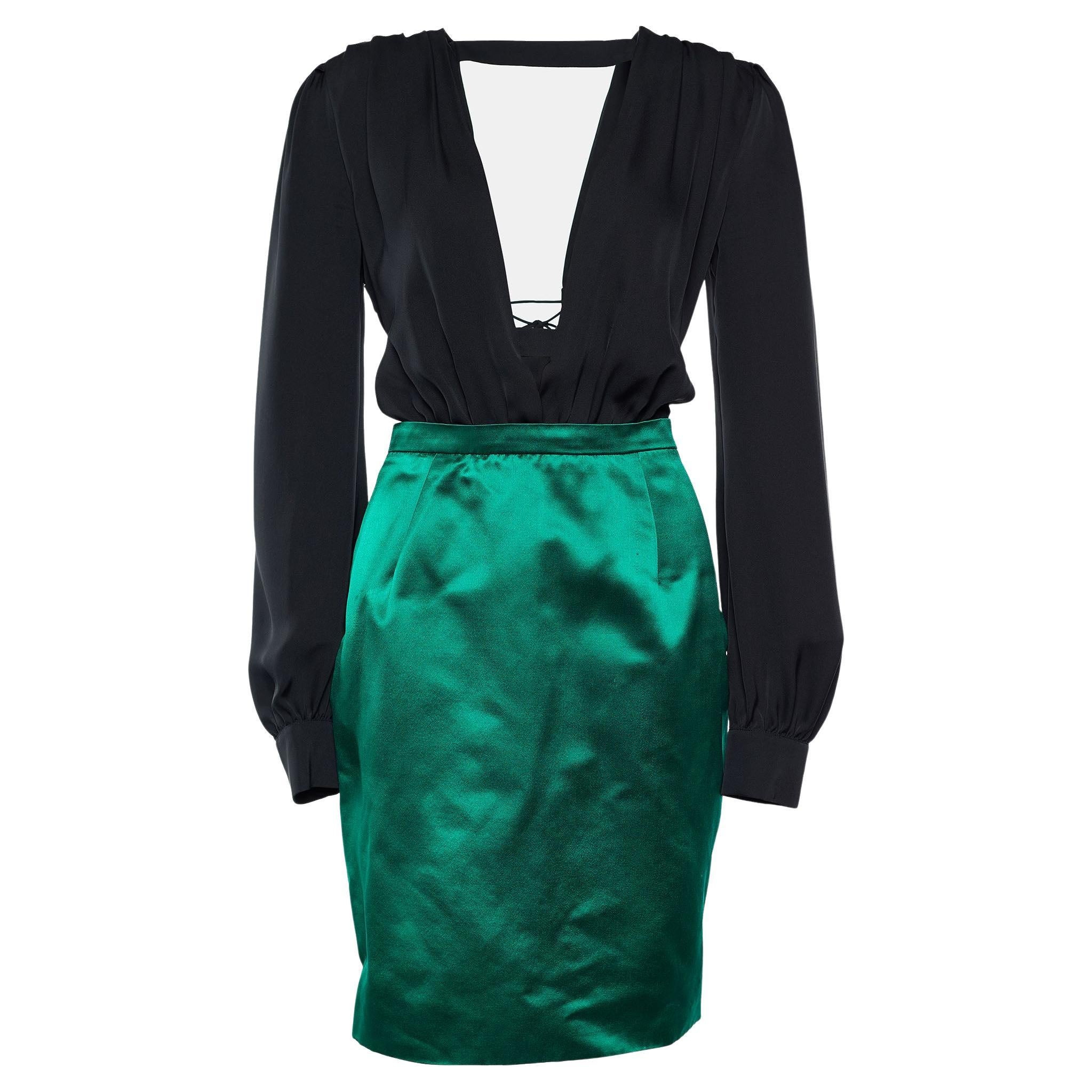 Gucci Black and Emerald Green Silk Cut-Out Detail Backless Long Sleeve Dress M