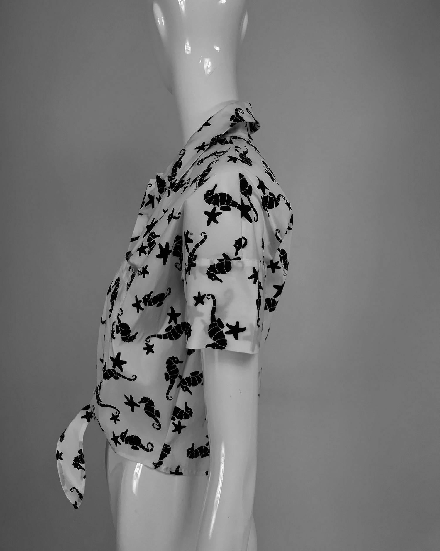 Gray Gucci black and white sea horse print tie front blouse 