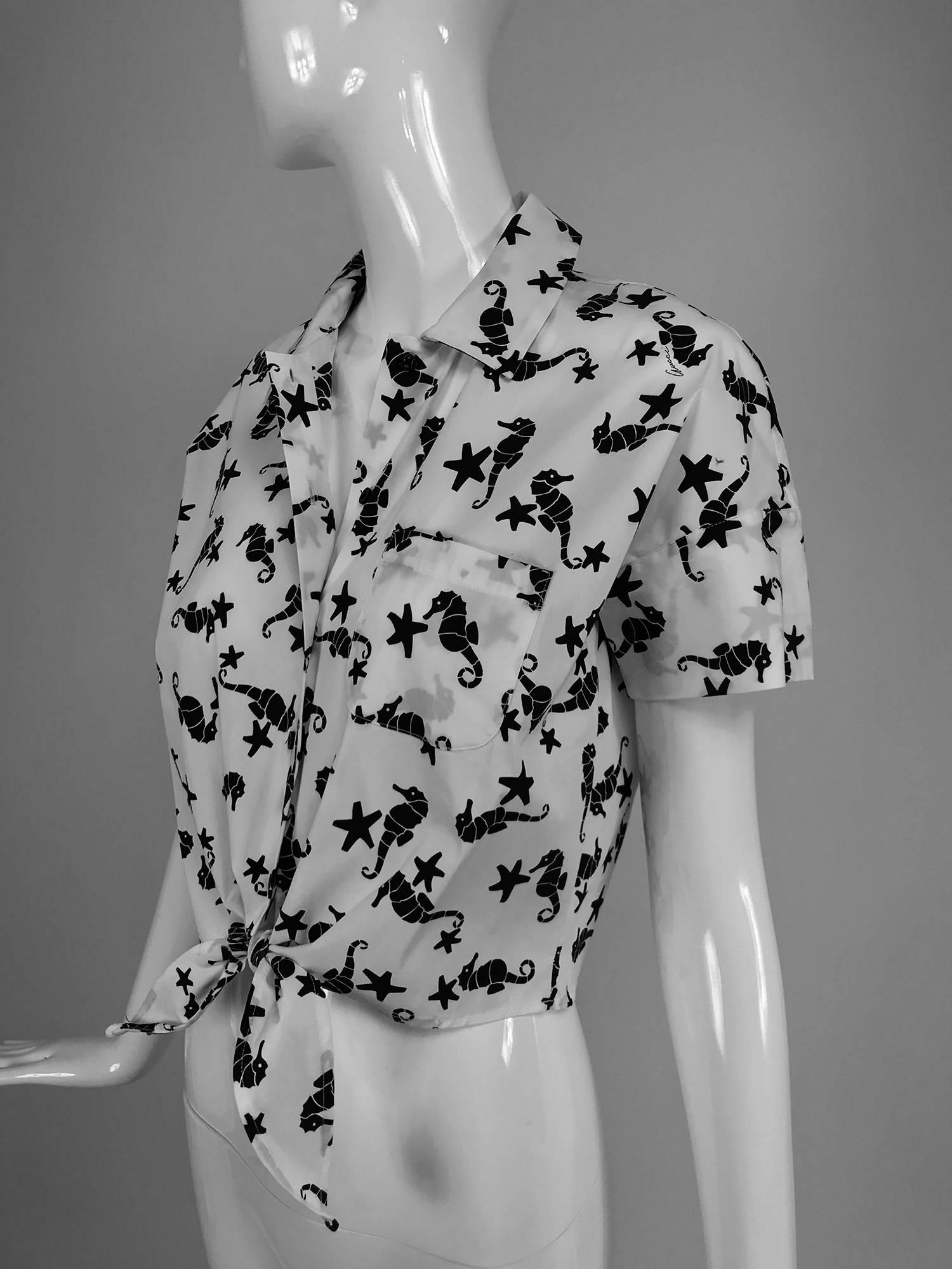 Women's Gucci black and white sea horse print tie front blouse 