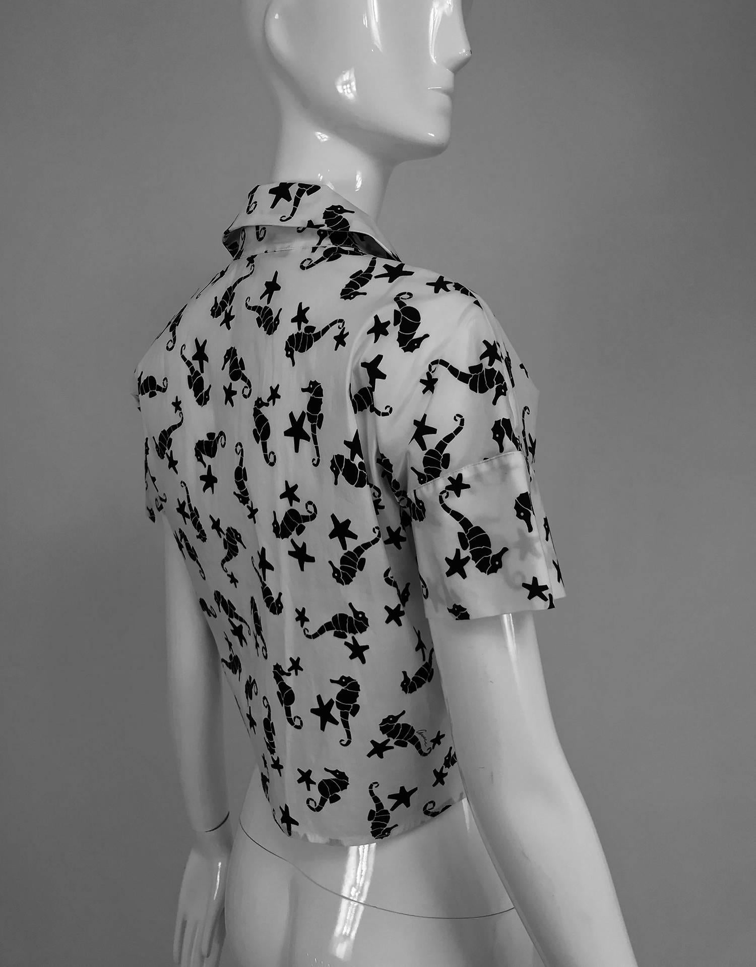 Gucci black and white sea horse print tie front blouse  1