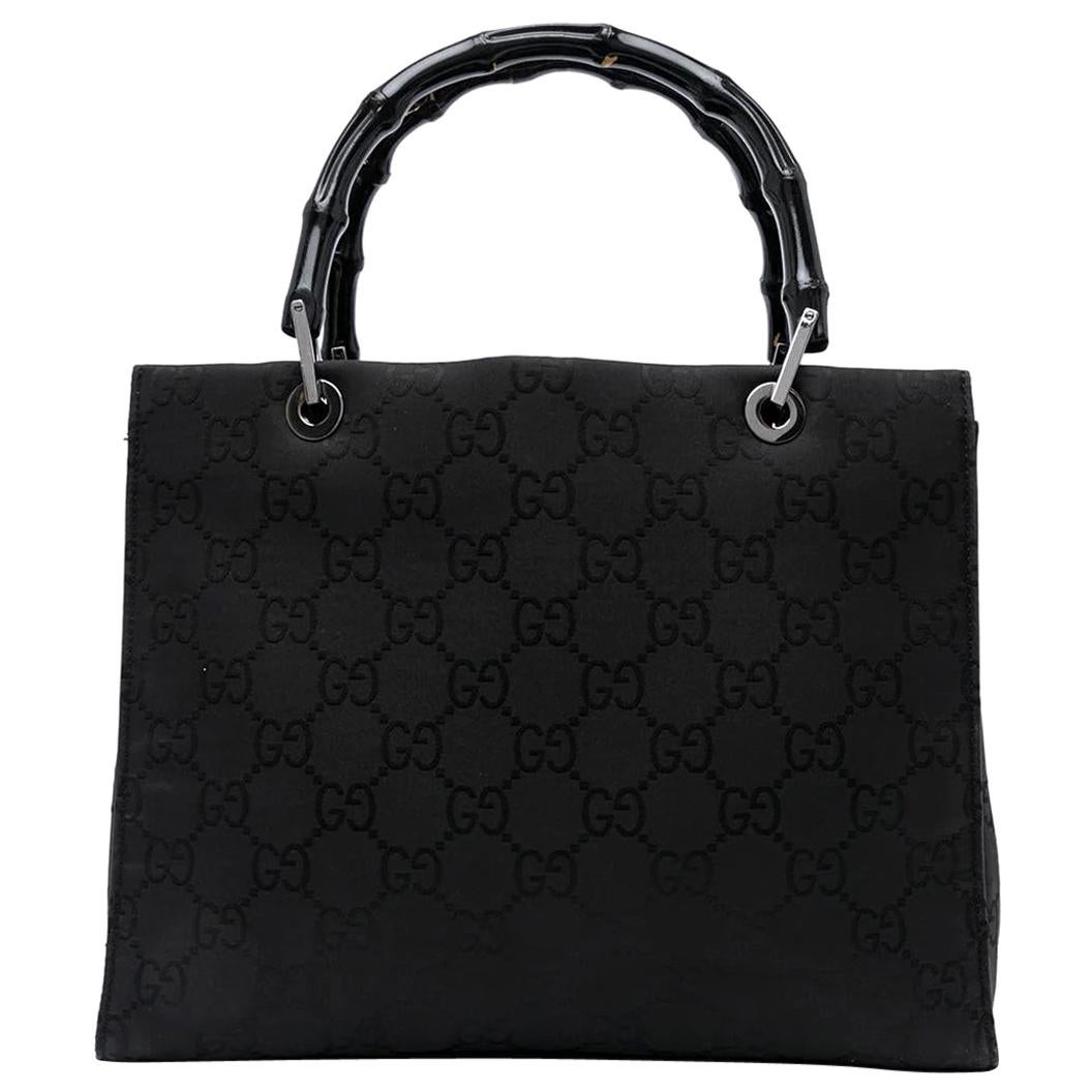 Gucci Black Bamboo Handle GG Canvas Bag