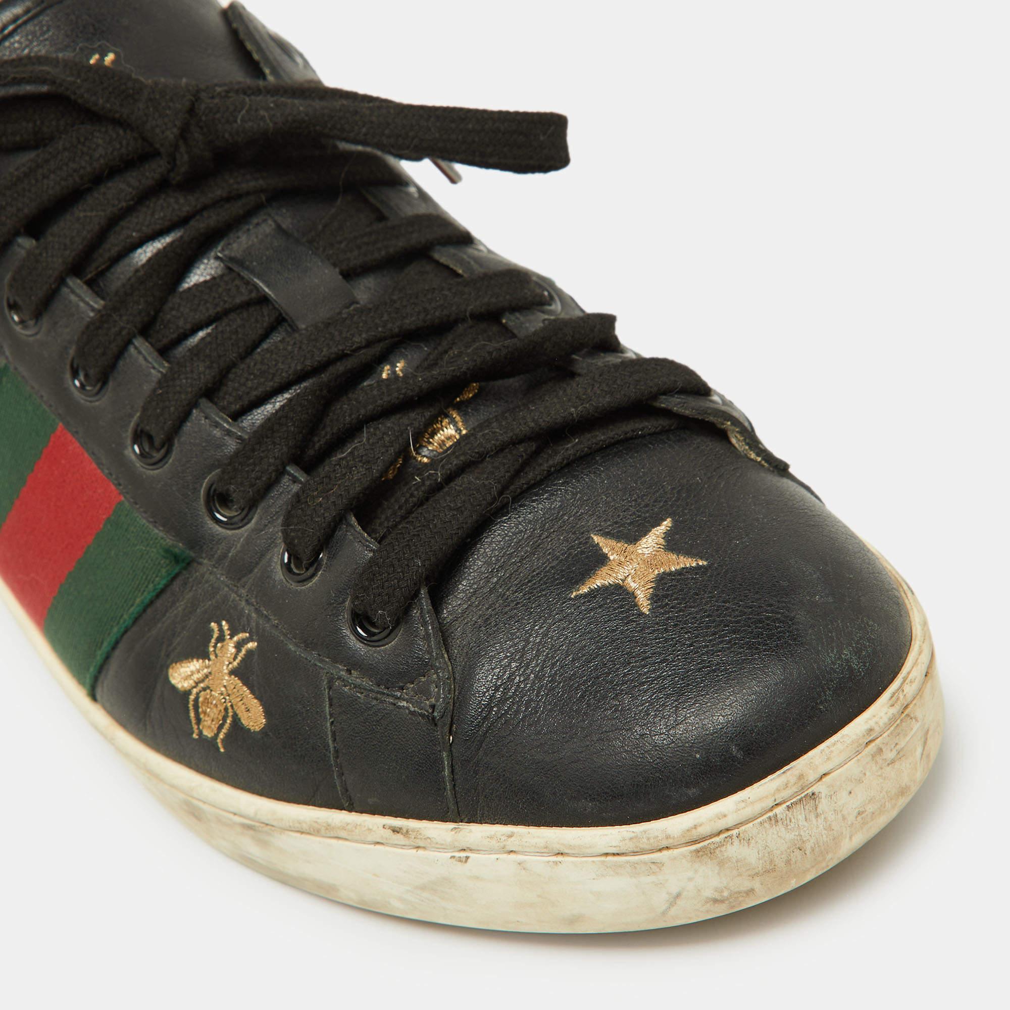 Gucci Negro Abeja & Estrella Bordado Cuero Ace Low Top Sneakers Talla 42.5 en venta 3